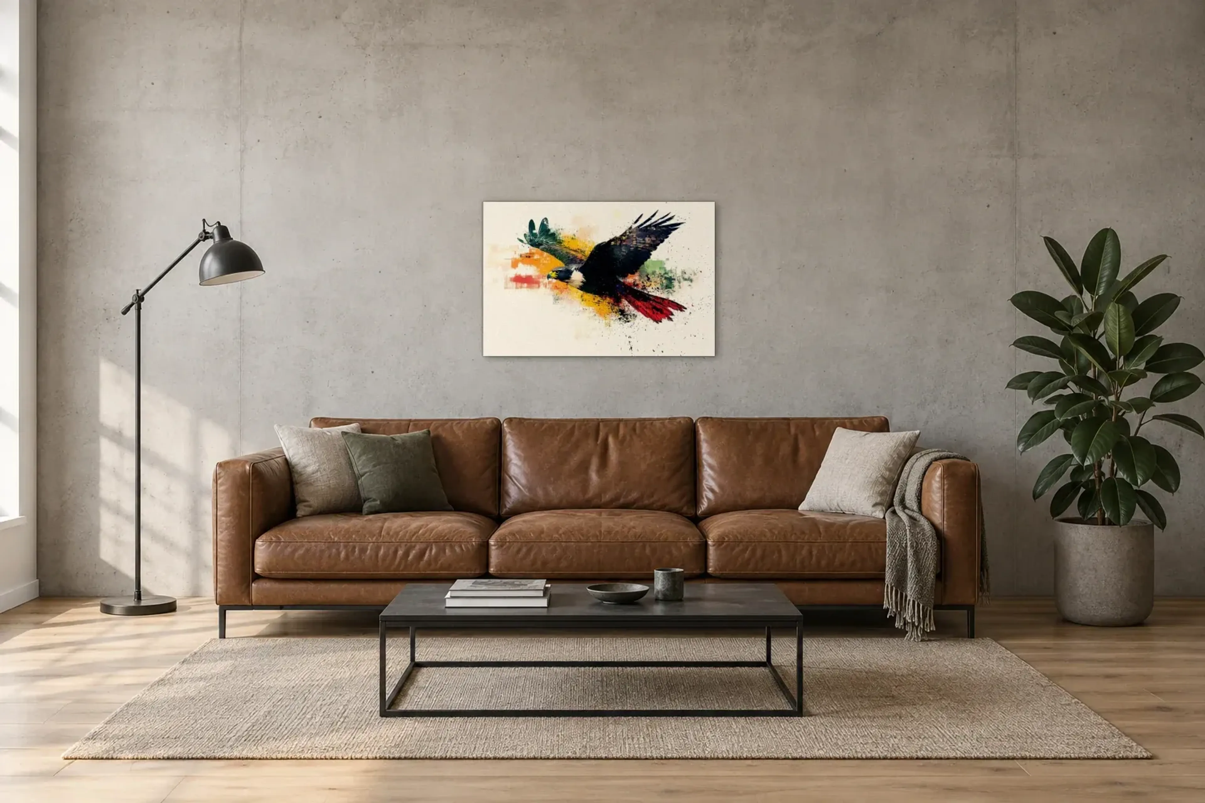 Falke im Flug als Wandbild über einem 220-cm-Sofa