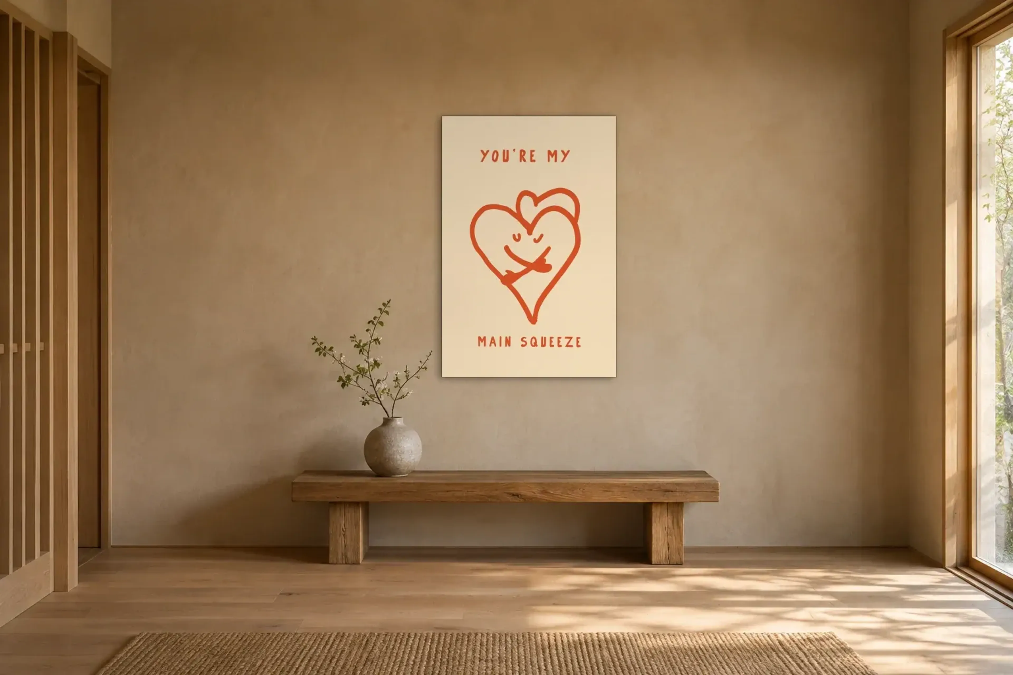 Herzen mit Liebesbotschaft als Wandbild über einer 120-cm-Holzbank