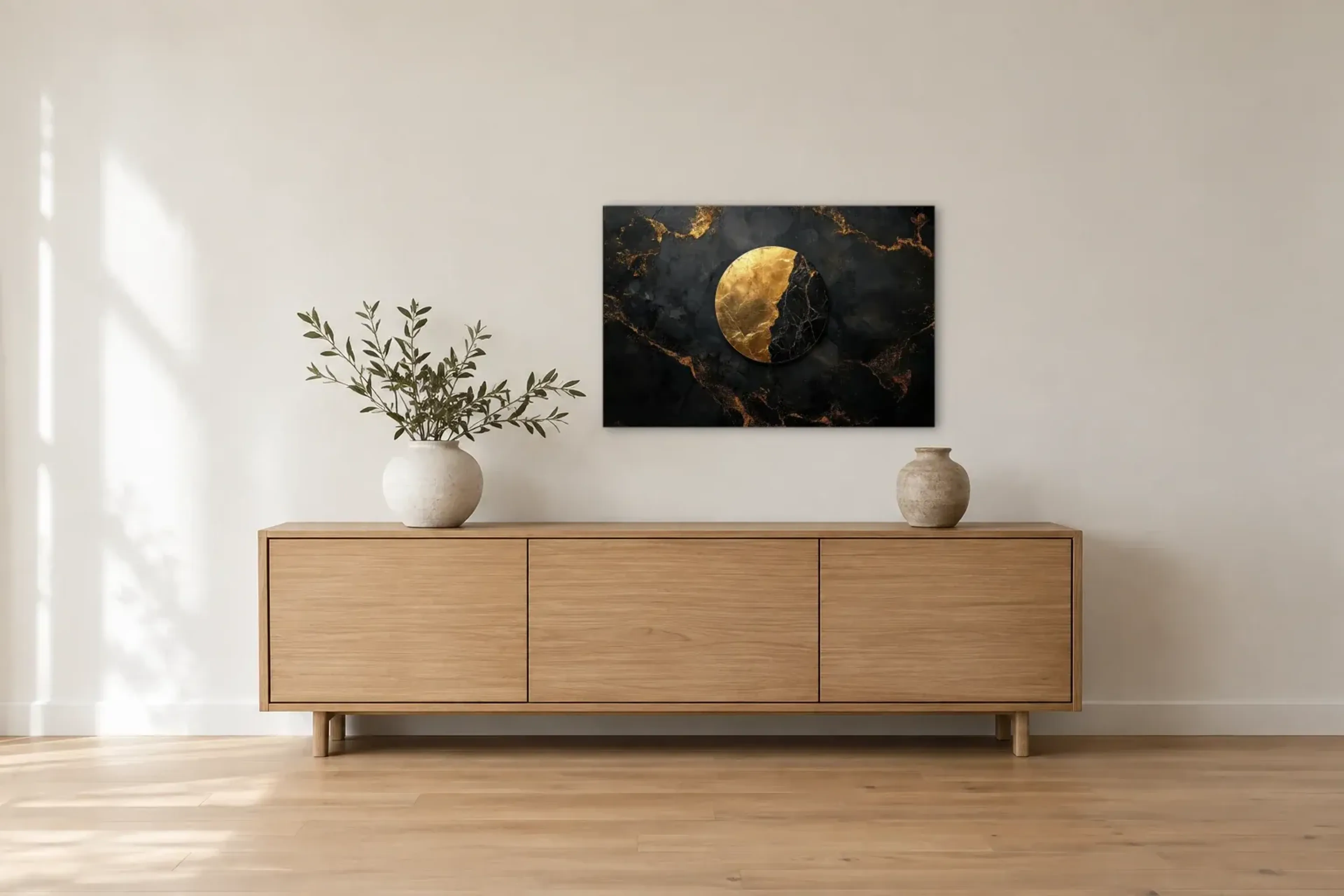 Kreis in Schwarz und Gold als Wandbild über einem 180-cm-Sideboard