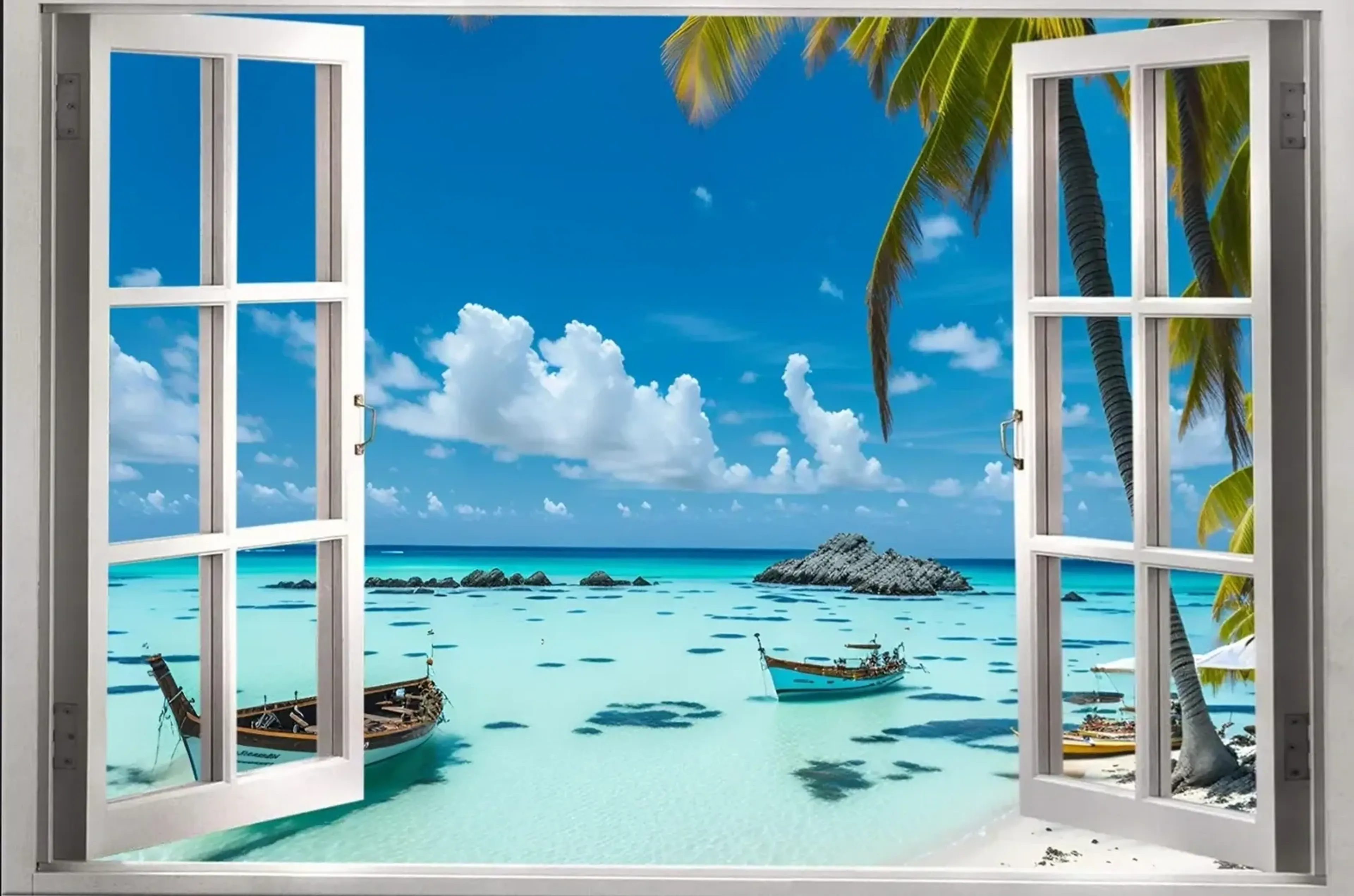 Weiße Fensterflügel rahmen einen tropischen Strand mit Palmen, Booten und türkisfarbenem Wasser.