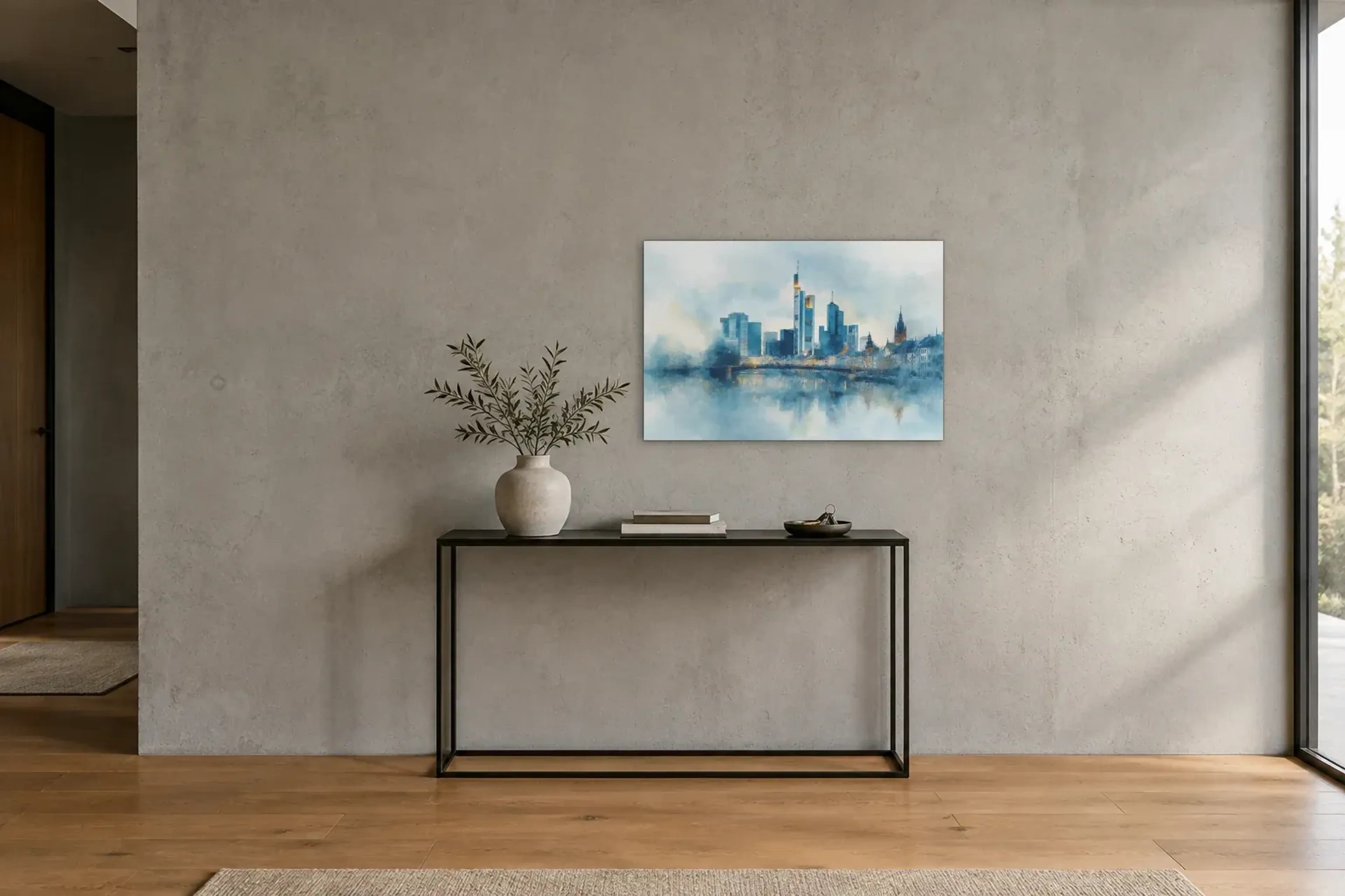 Frankfurt im blauen Dunst als Wandbild über einer 120-cm-Konsole