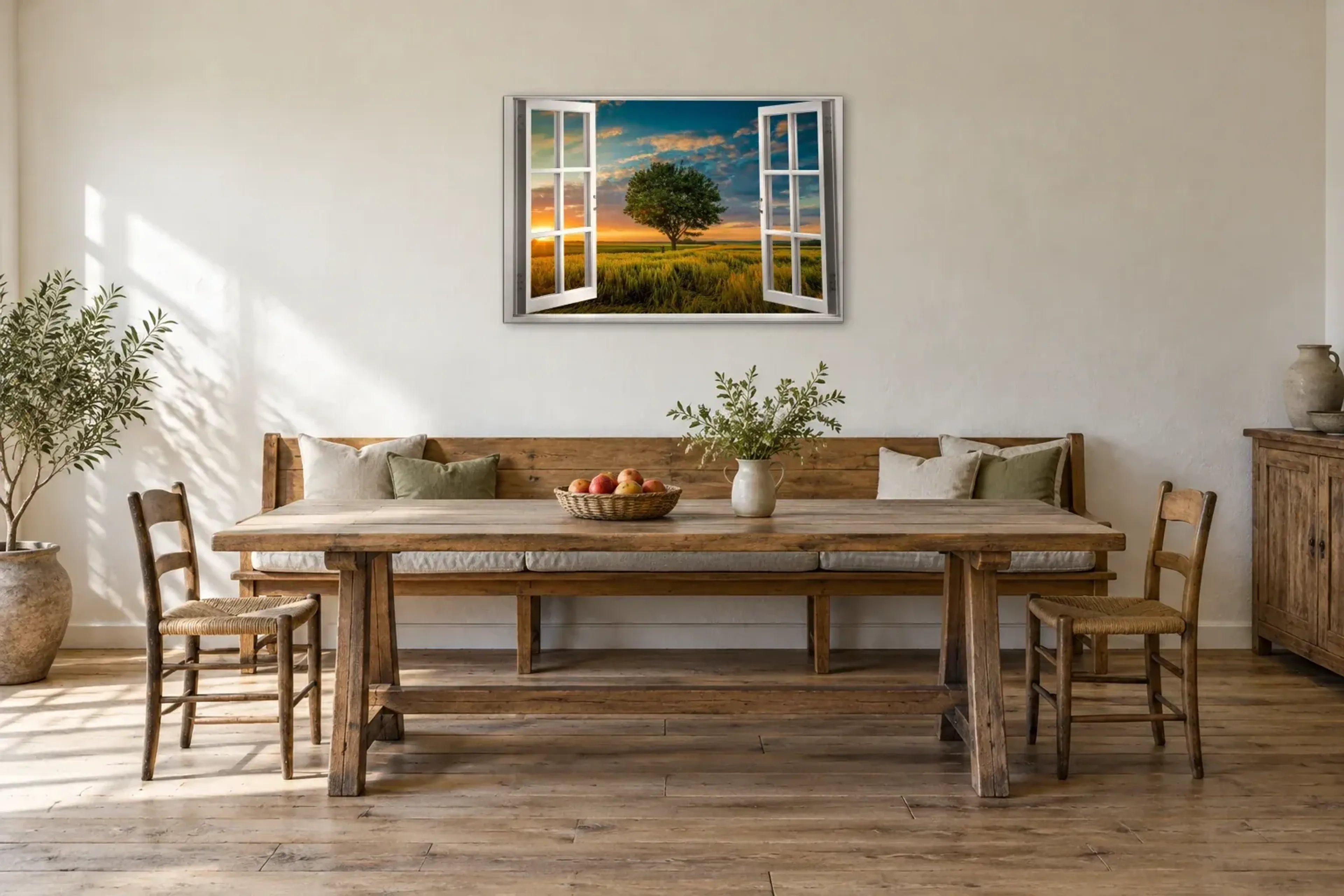 Baum im Abendlicht als Wandbild über einer 200-cm-Sitzbank