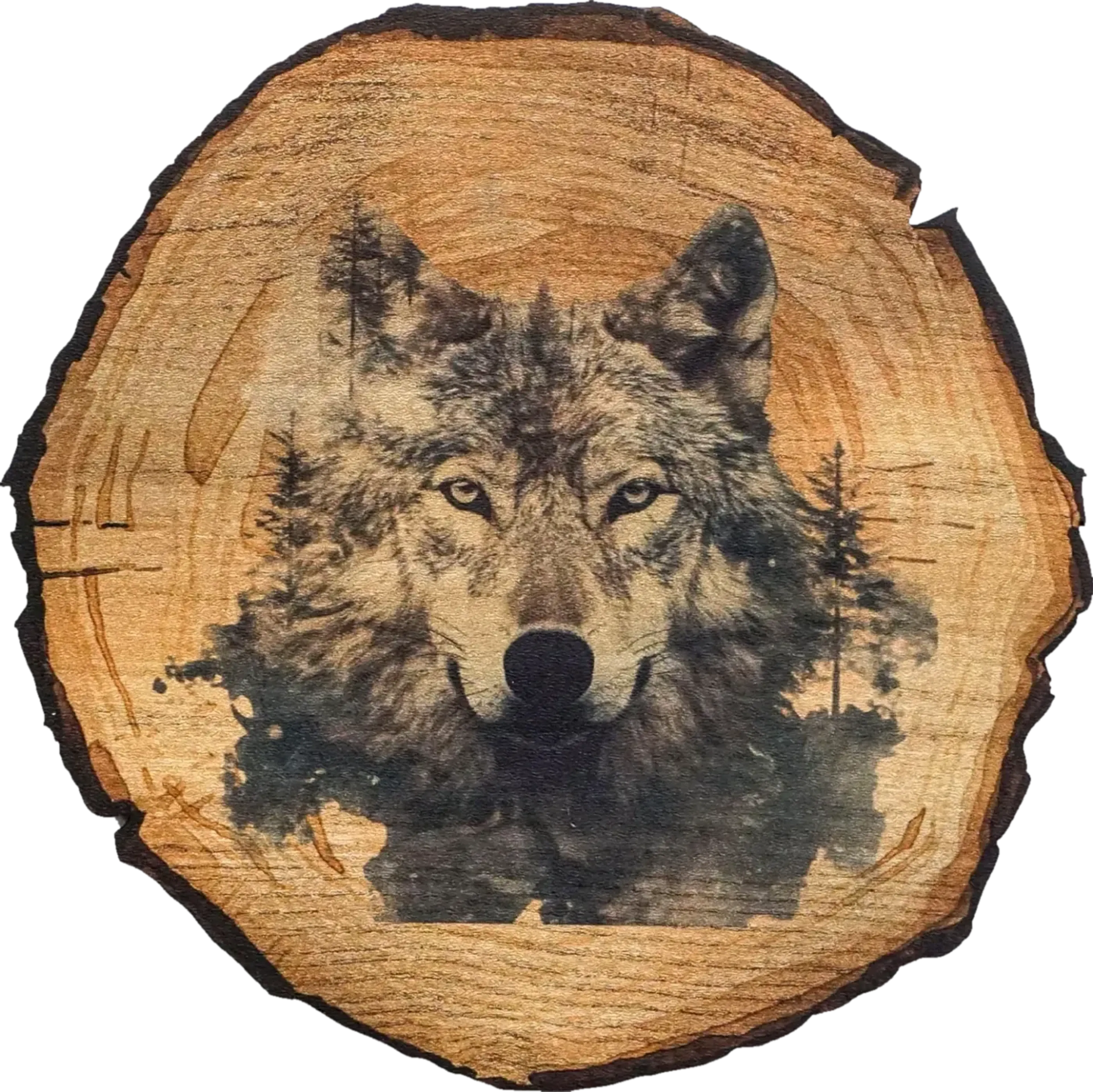 Wolfsgesicht mit überlagerten Nadelbaumsilhouetten in Grau und Braun auf einem Hintergrund in Baumscheibenoptik.