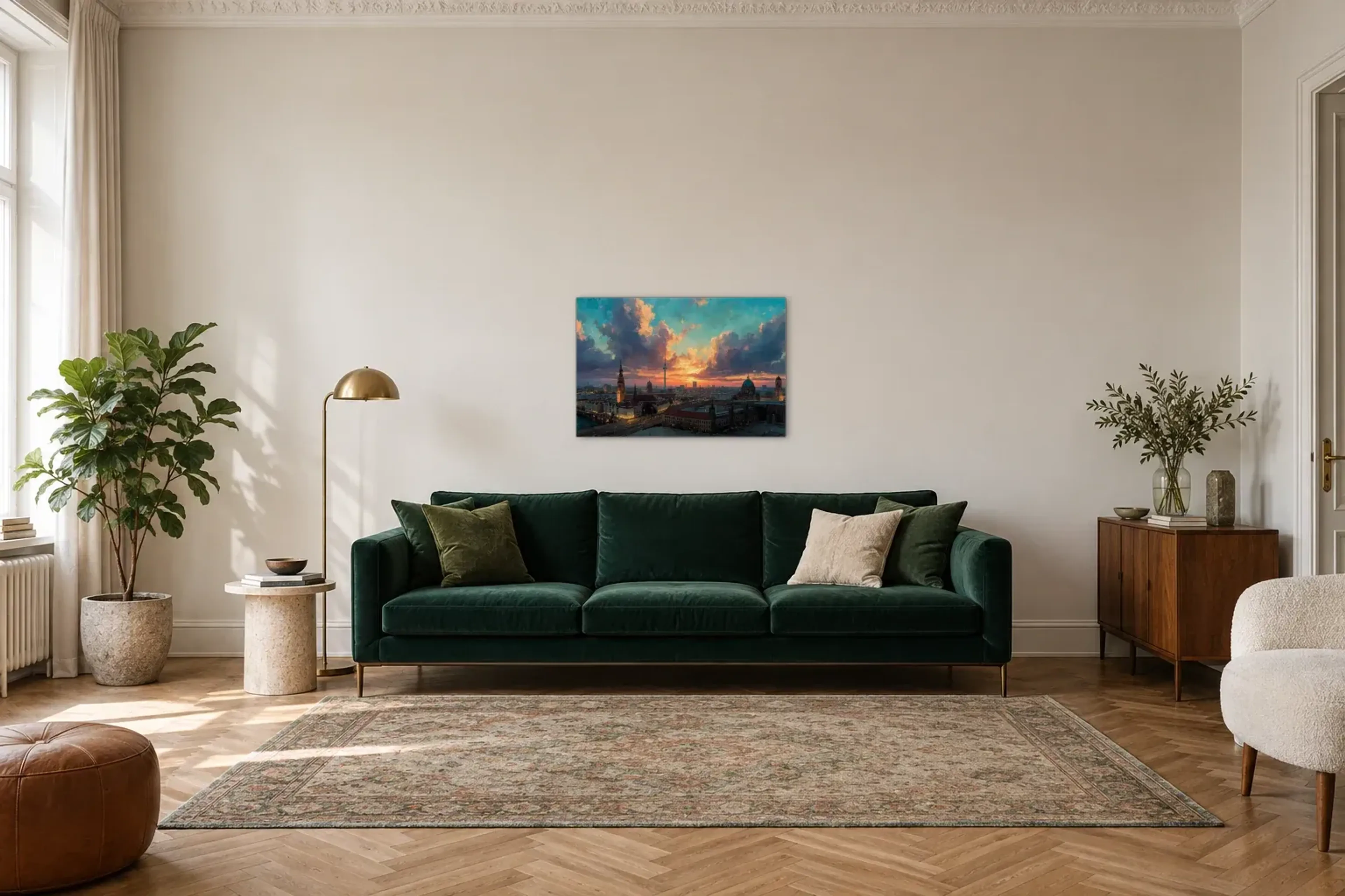Berlin im goldenen Abendlicht als Wandbild über einem 220-cm-Sofa