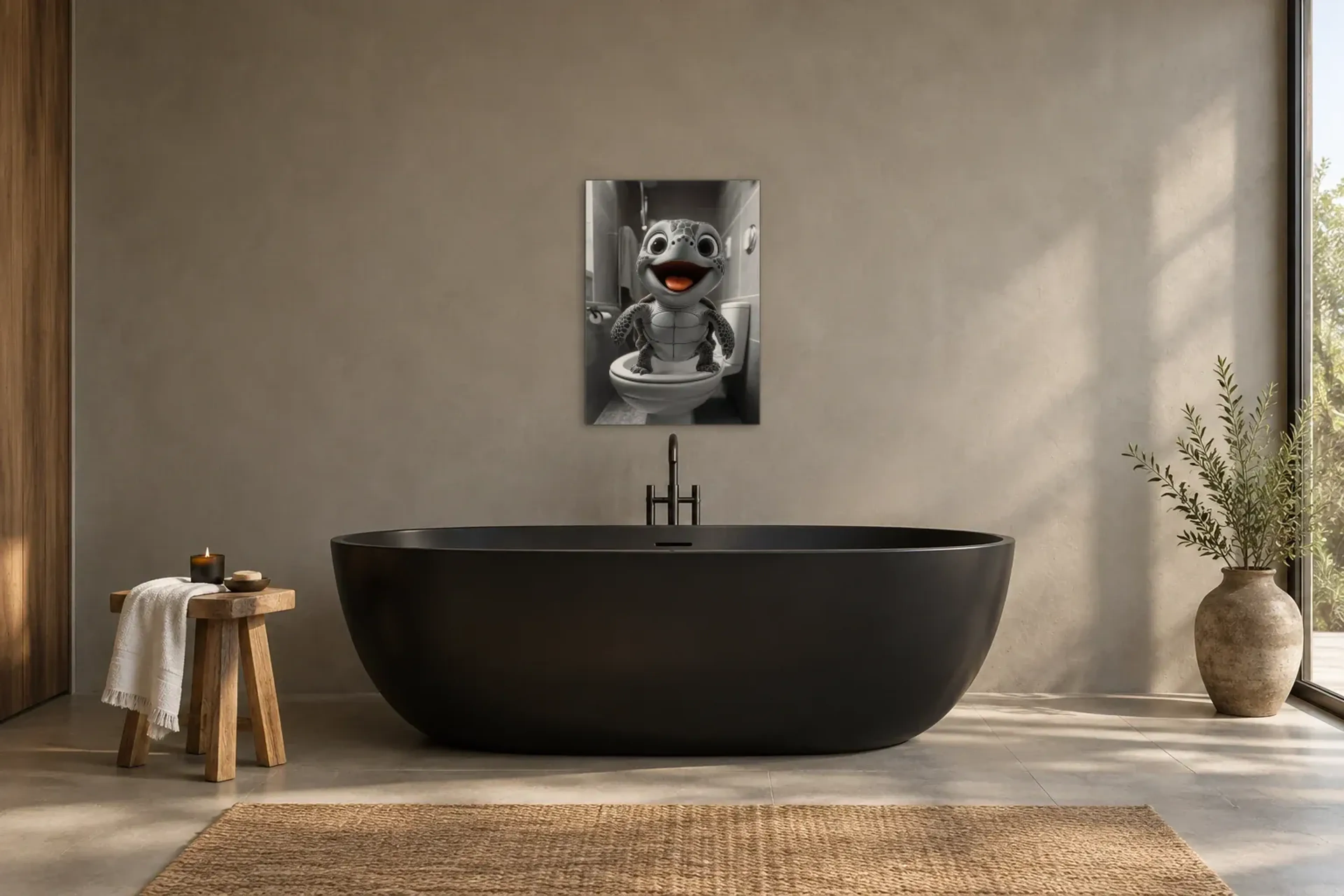 Schildkröte auf Toilette als Wandbild über einer 170-cm-Badewanne