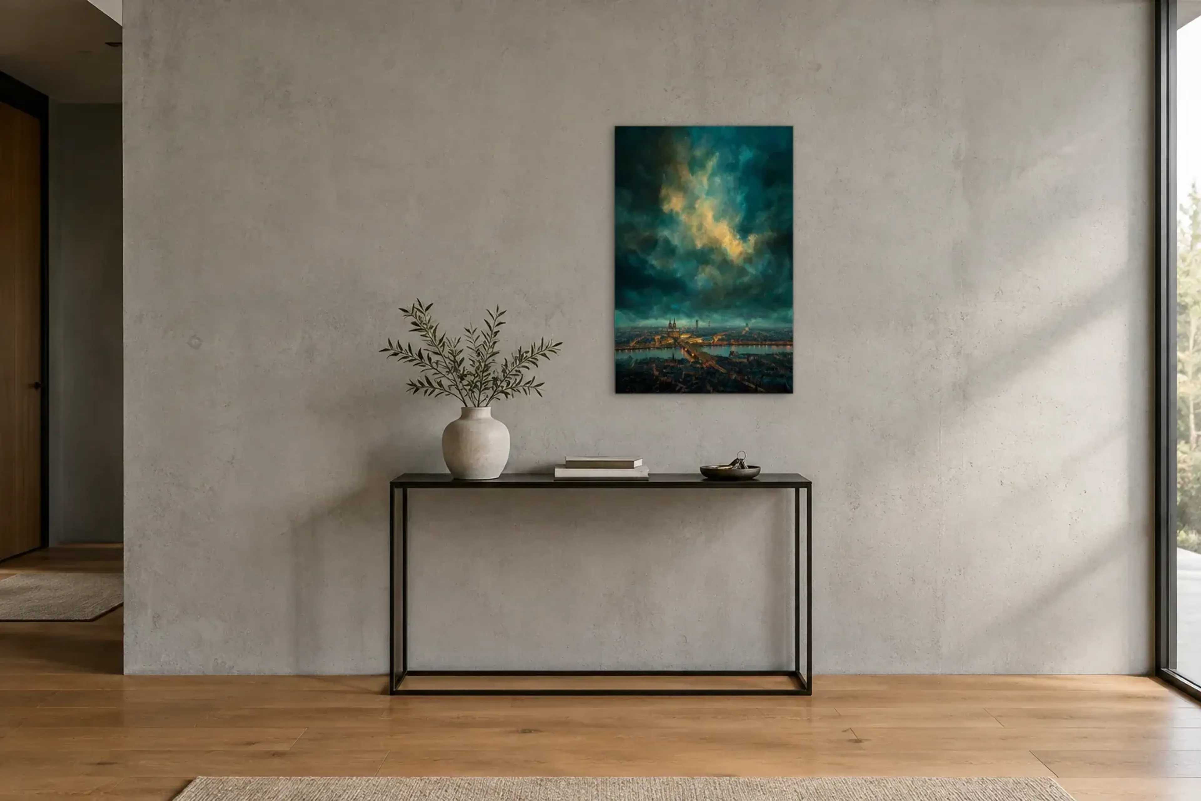 Wolkenlicht über Köln als Wandbild über einer 120-cm-Konsole