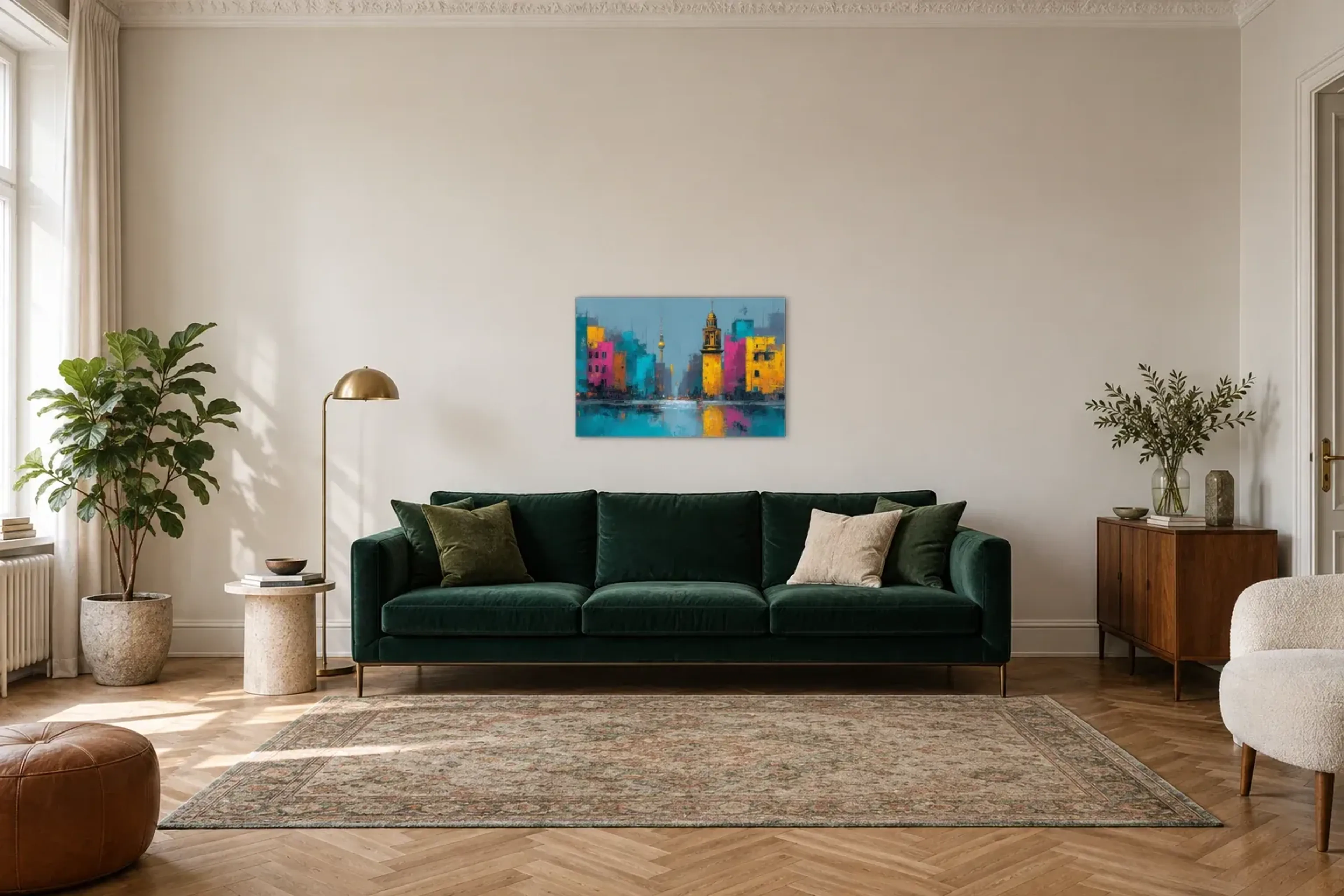 Berlin in bunten Flächen als Wandbild über einem 220-cm-Sofa