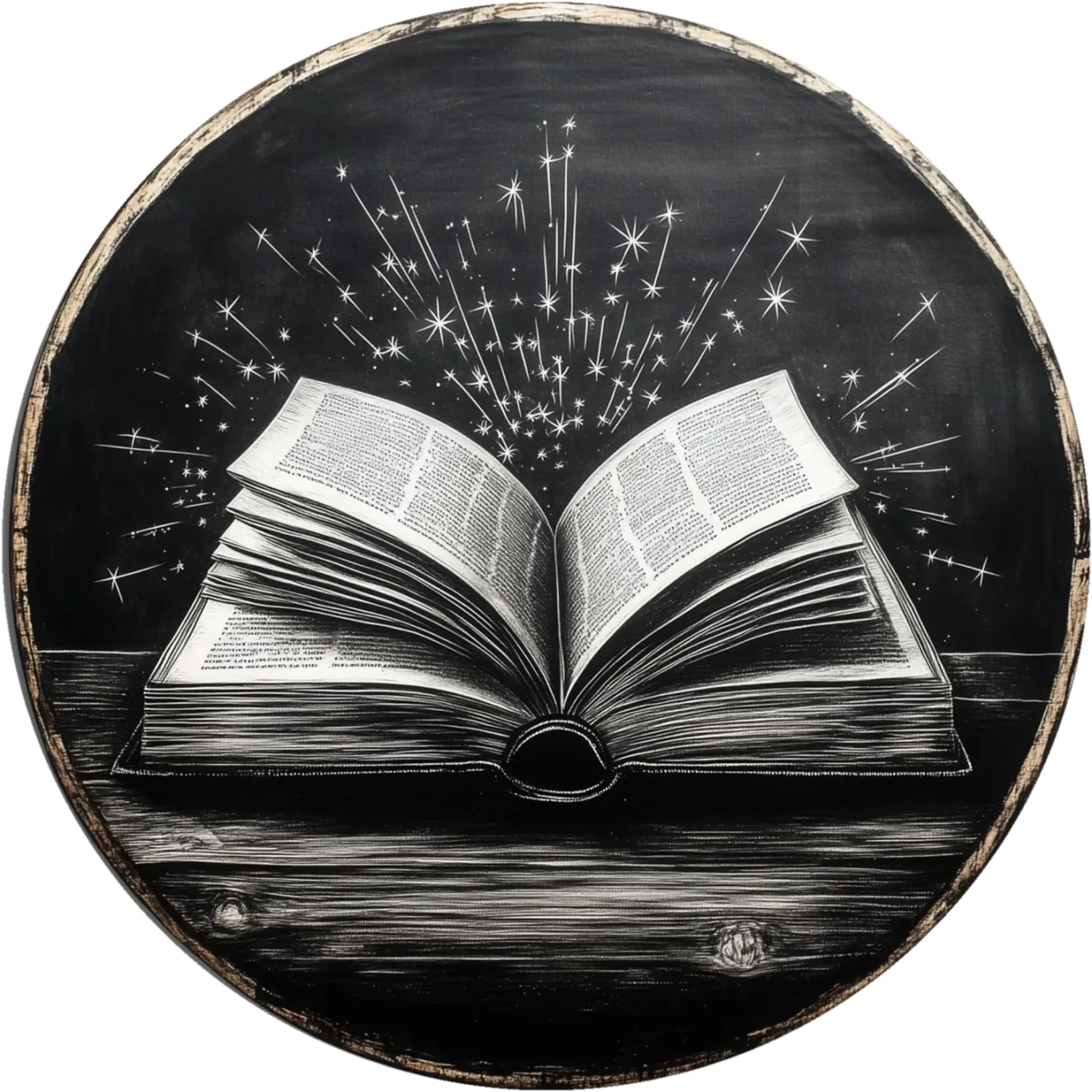 Aufgeschlagenes Buch mit aufsteigenden Sternen in Weiß auf schwarzem Grund im runden Format.