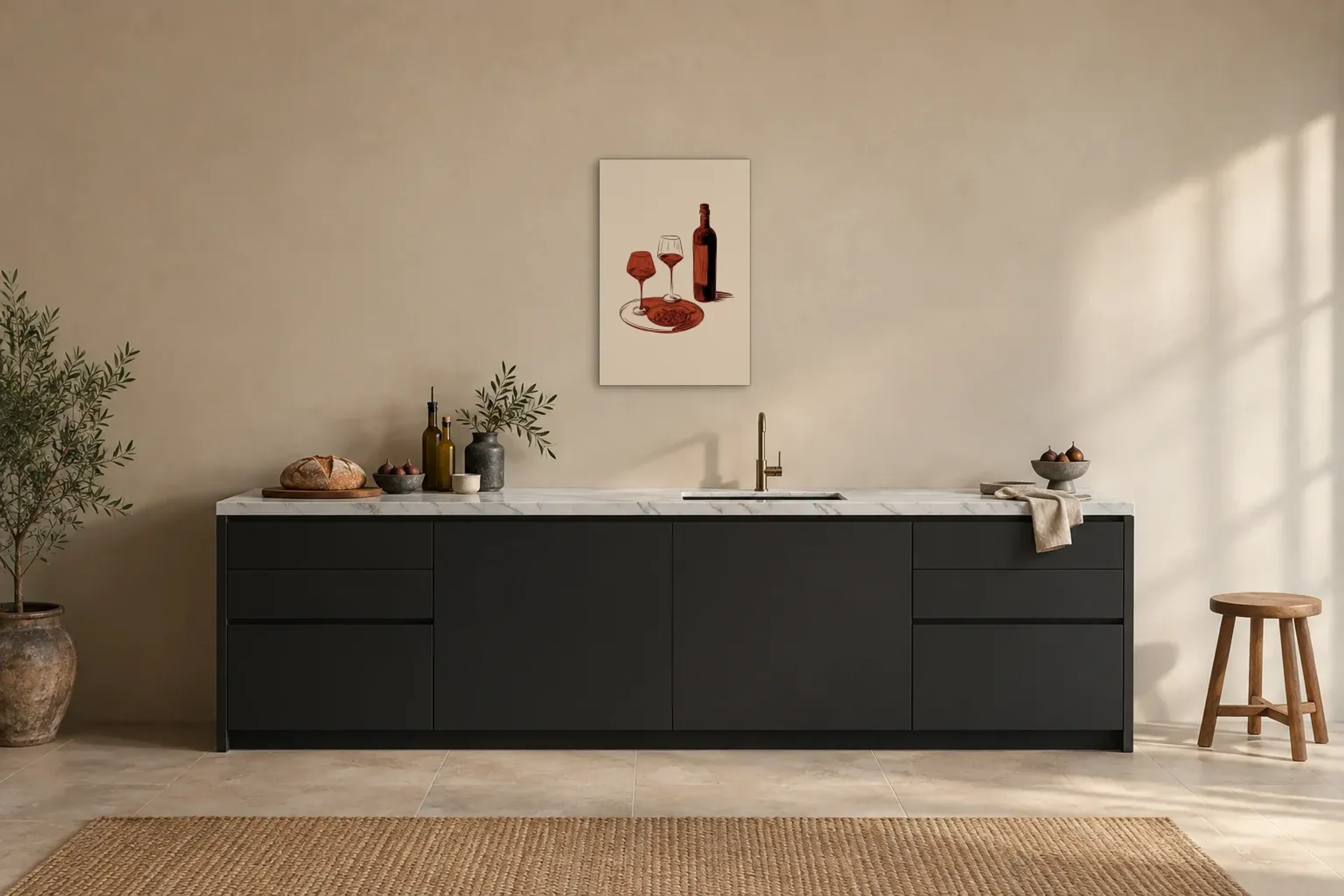 Wein und Pasta als Wandbild über einer 200-cm-Arbeitsplatte