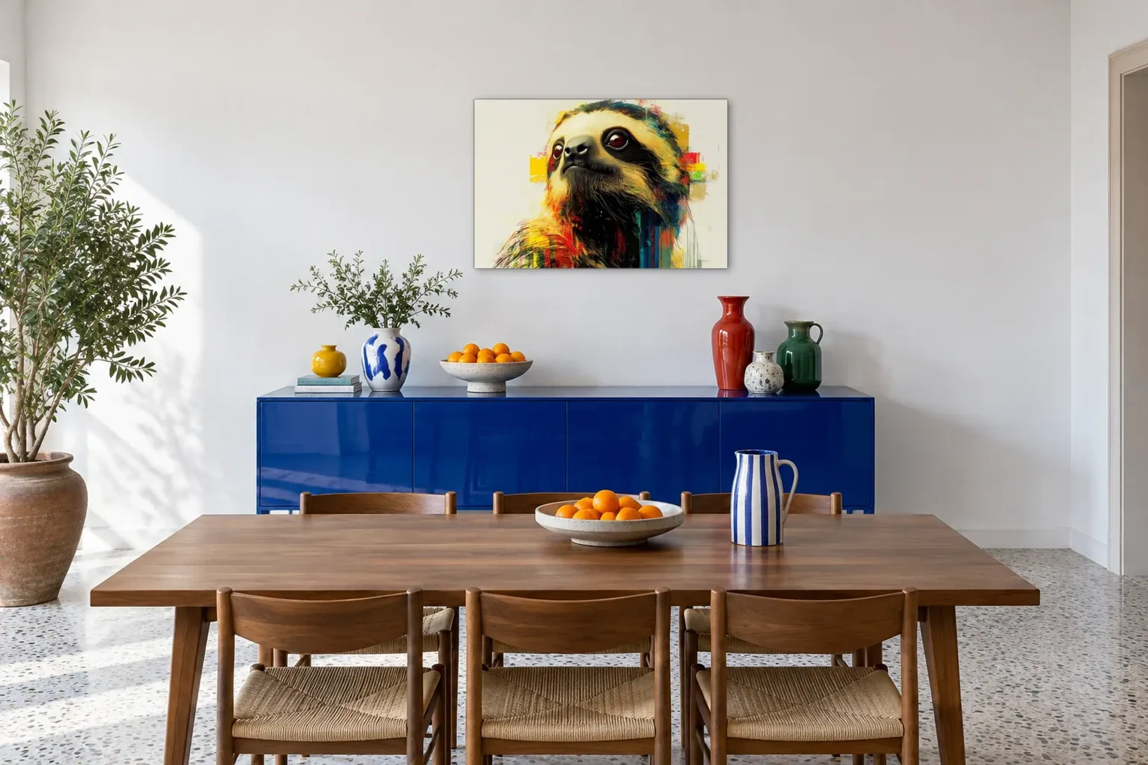 Faultier mit weitem Blick als Wandbild über einem 180-cm-Sideboard