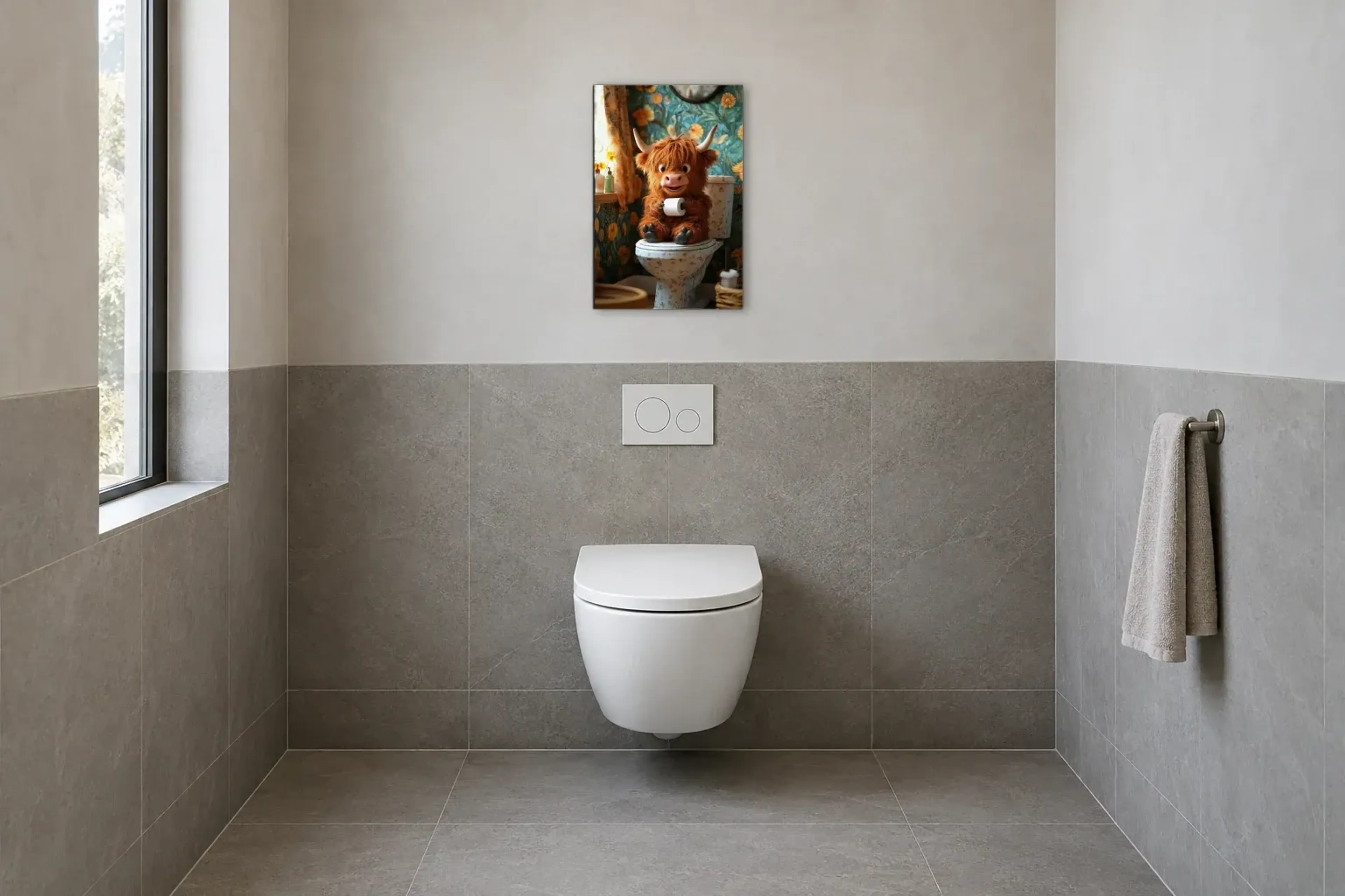 Hochlandrind im Blumenbad als Wandbild im Gäste-WC