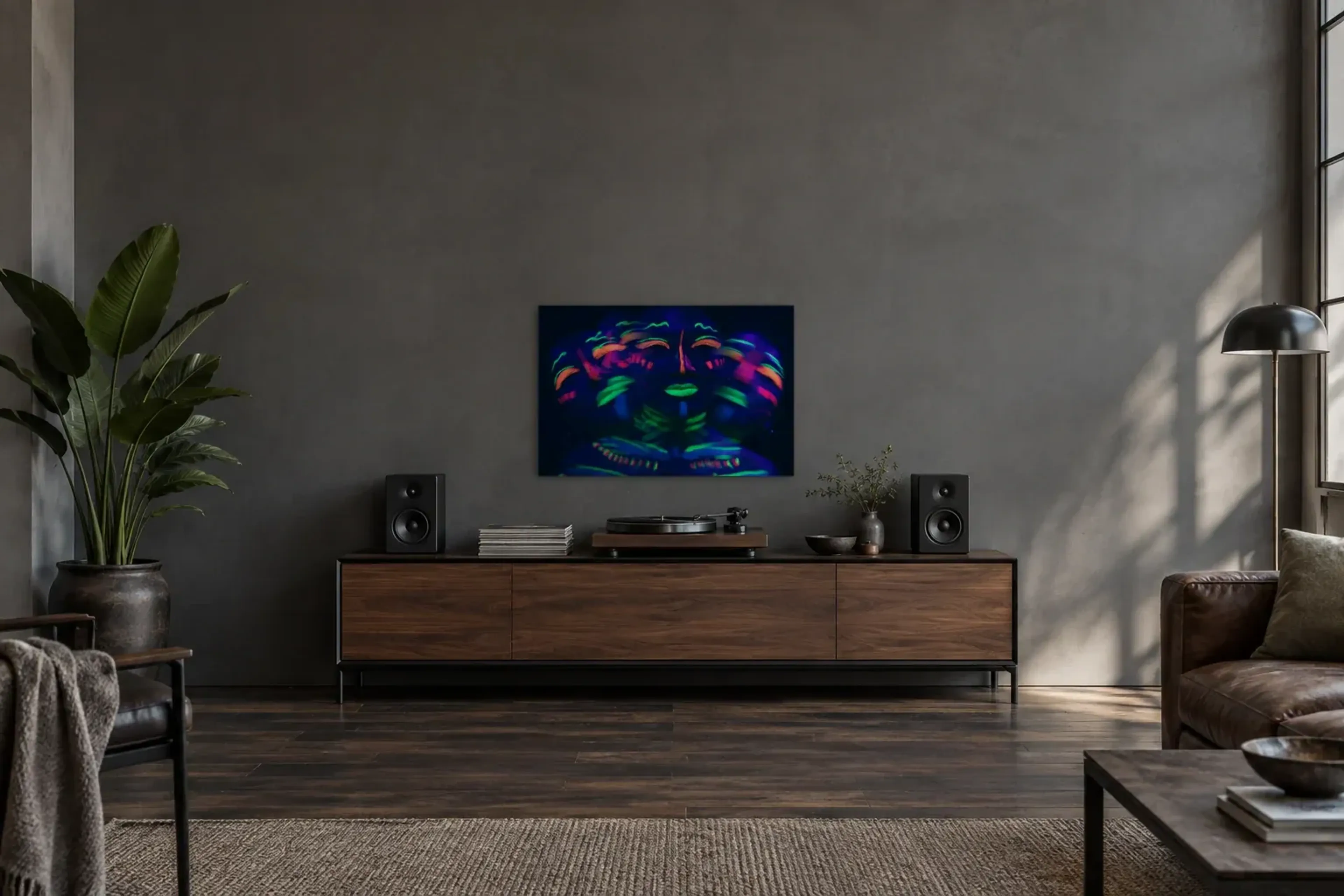 Bewegtes Gesicht als Wandbild über einem 200-cm-Sideboard