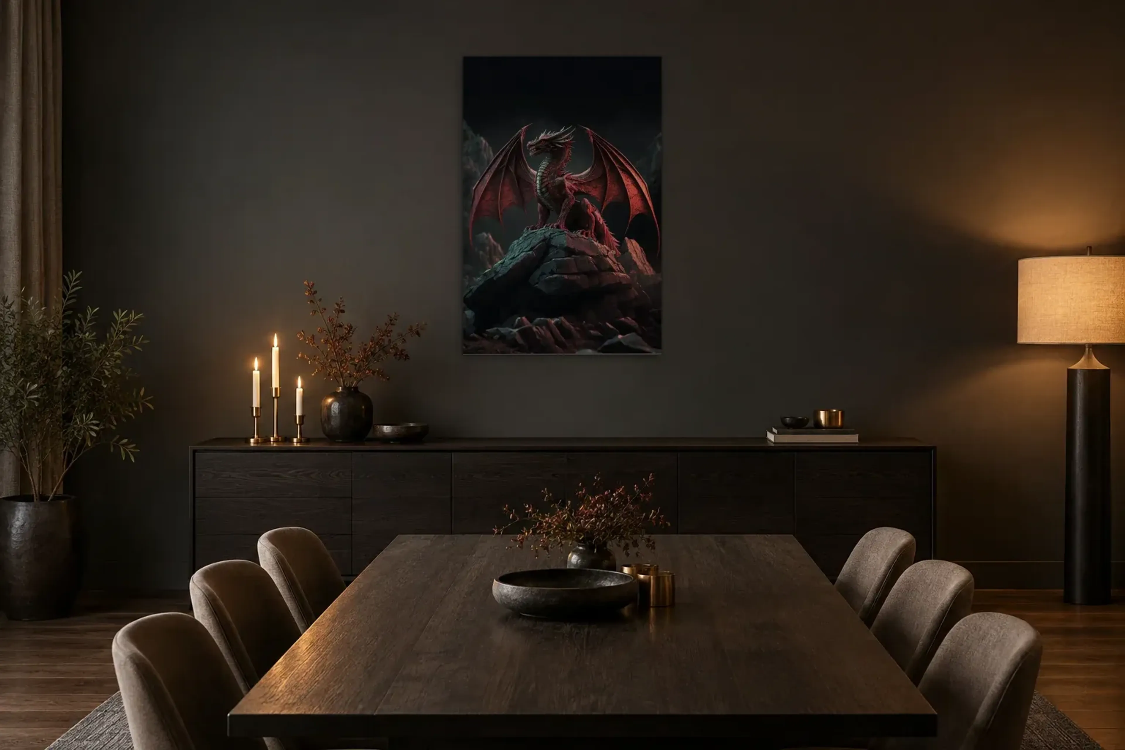 Roter Drache auf Felsen als Wandbild über einem 180-cm-Sideboard