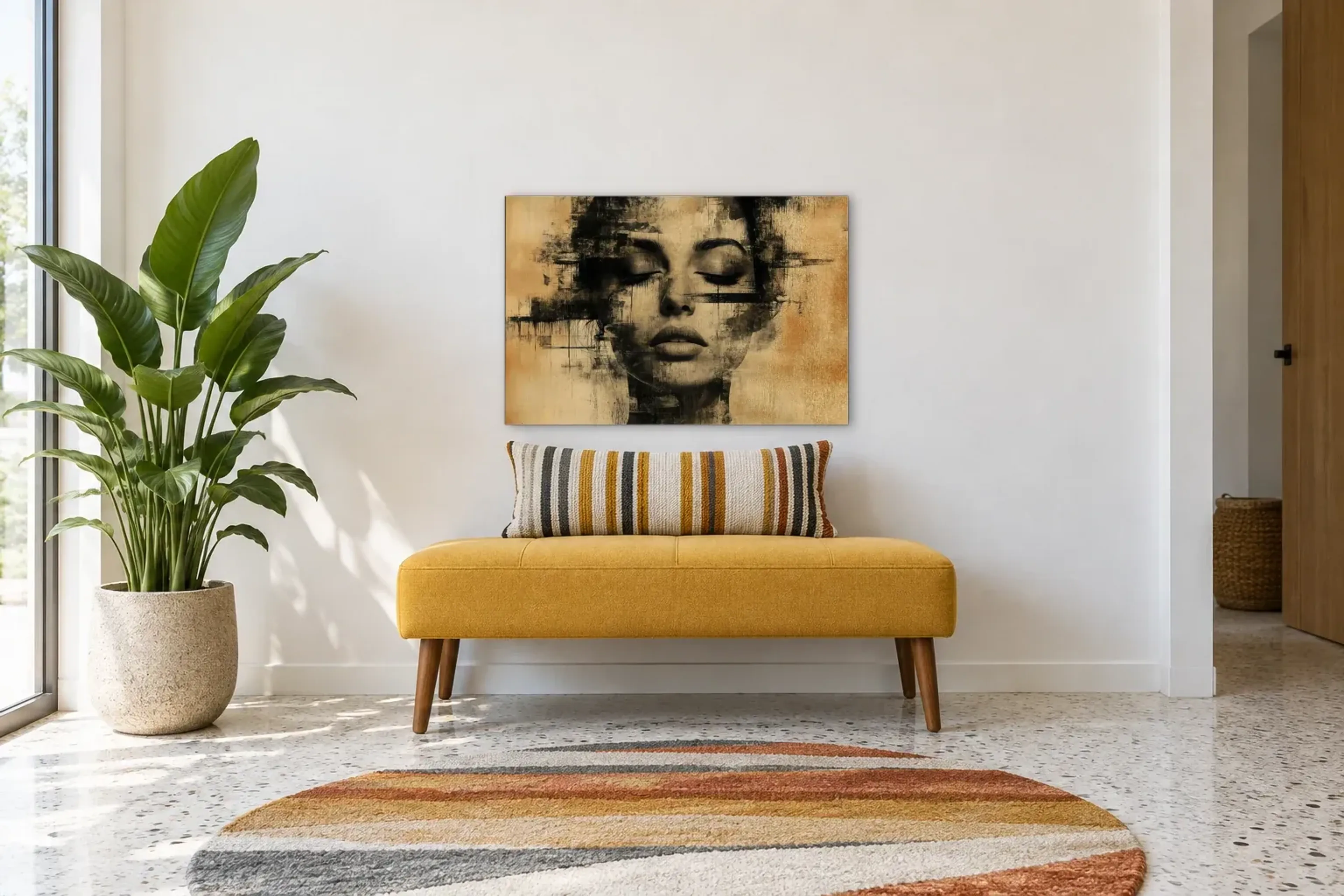 Geschlossene Augen in Gold als Wandbild über einer 120-cm-Bank