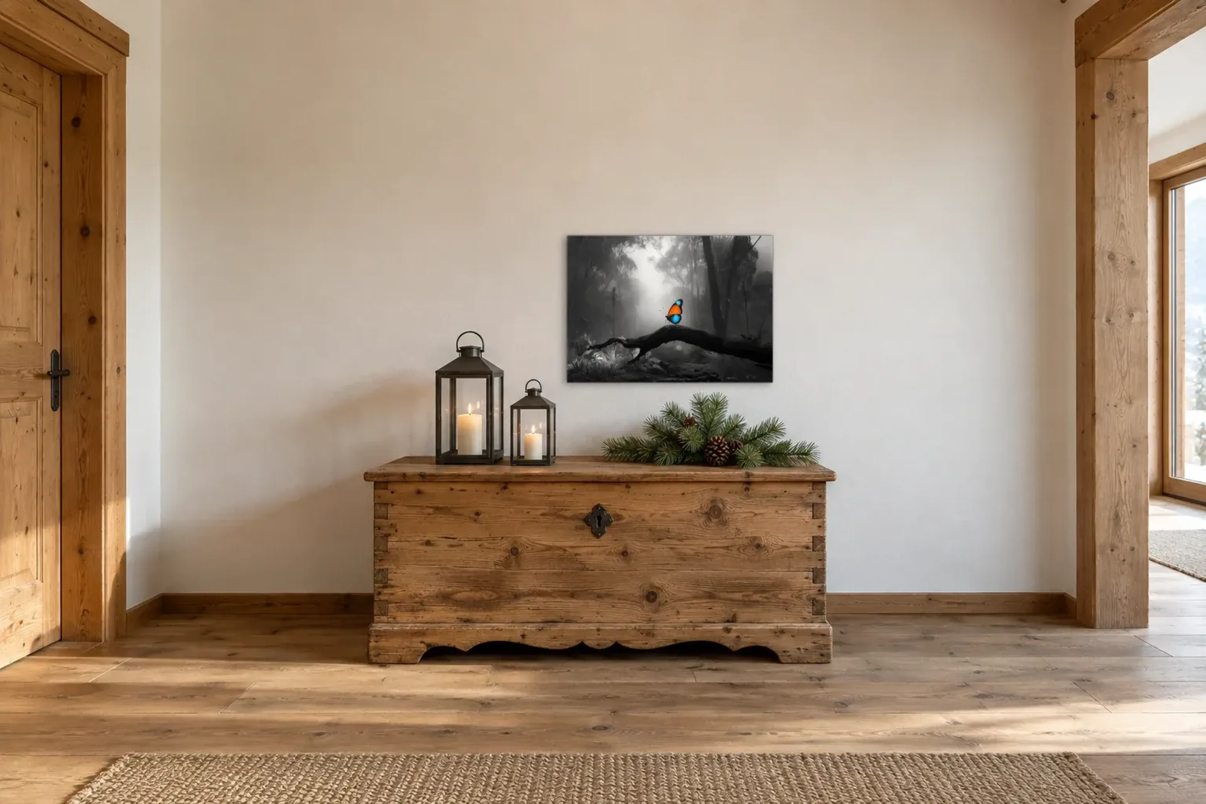 Schmetterling im Nebelwald als Wandbild über einer 140-cm-Truhe