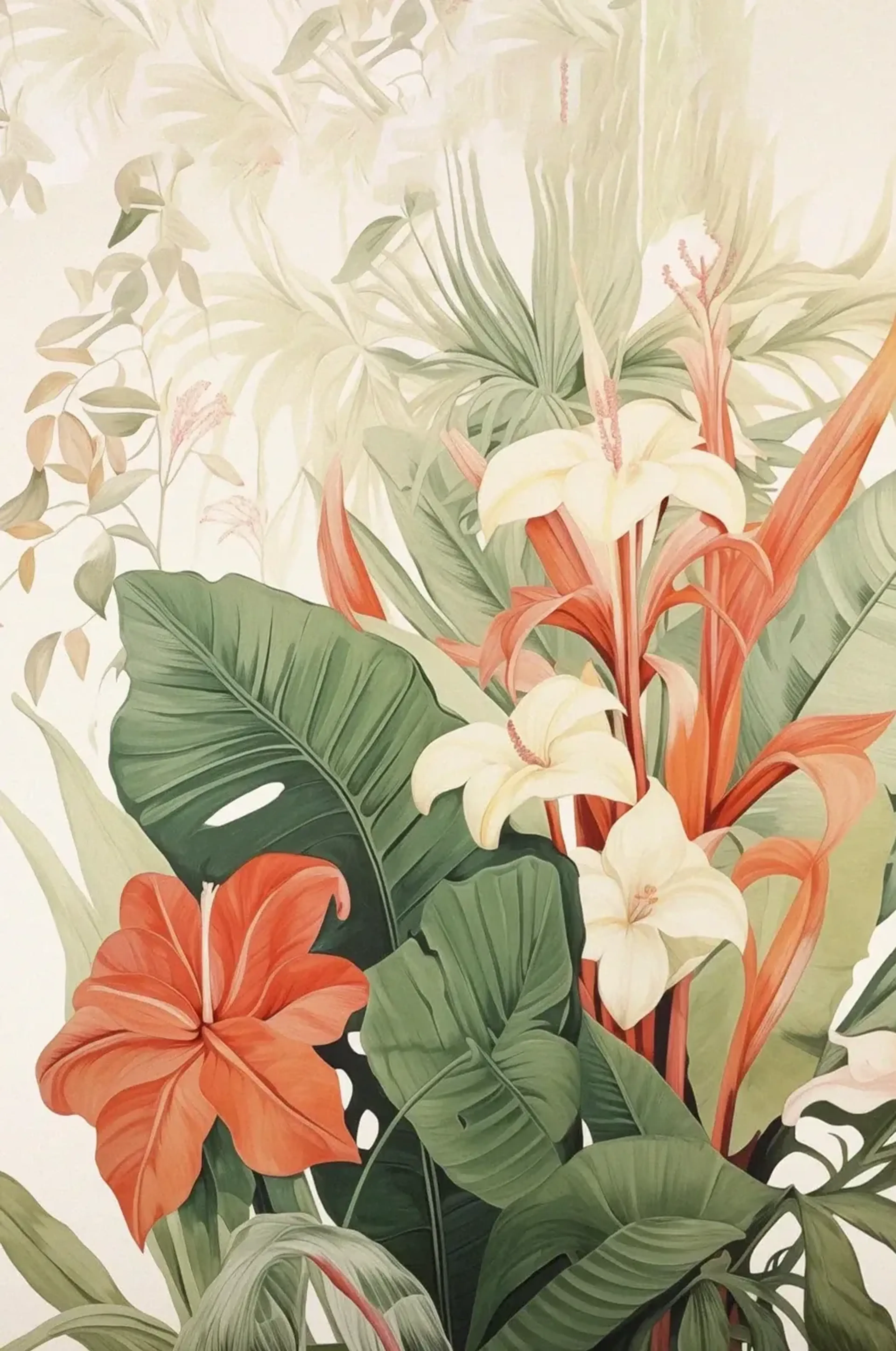 Tropische Blüten und Blätter – Motiv als Wandbild auf Holz