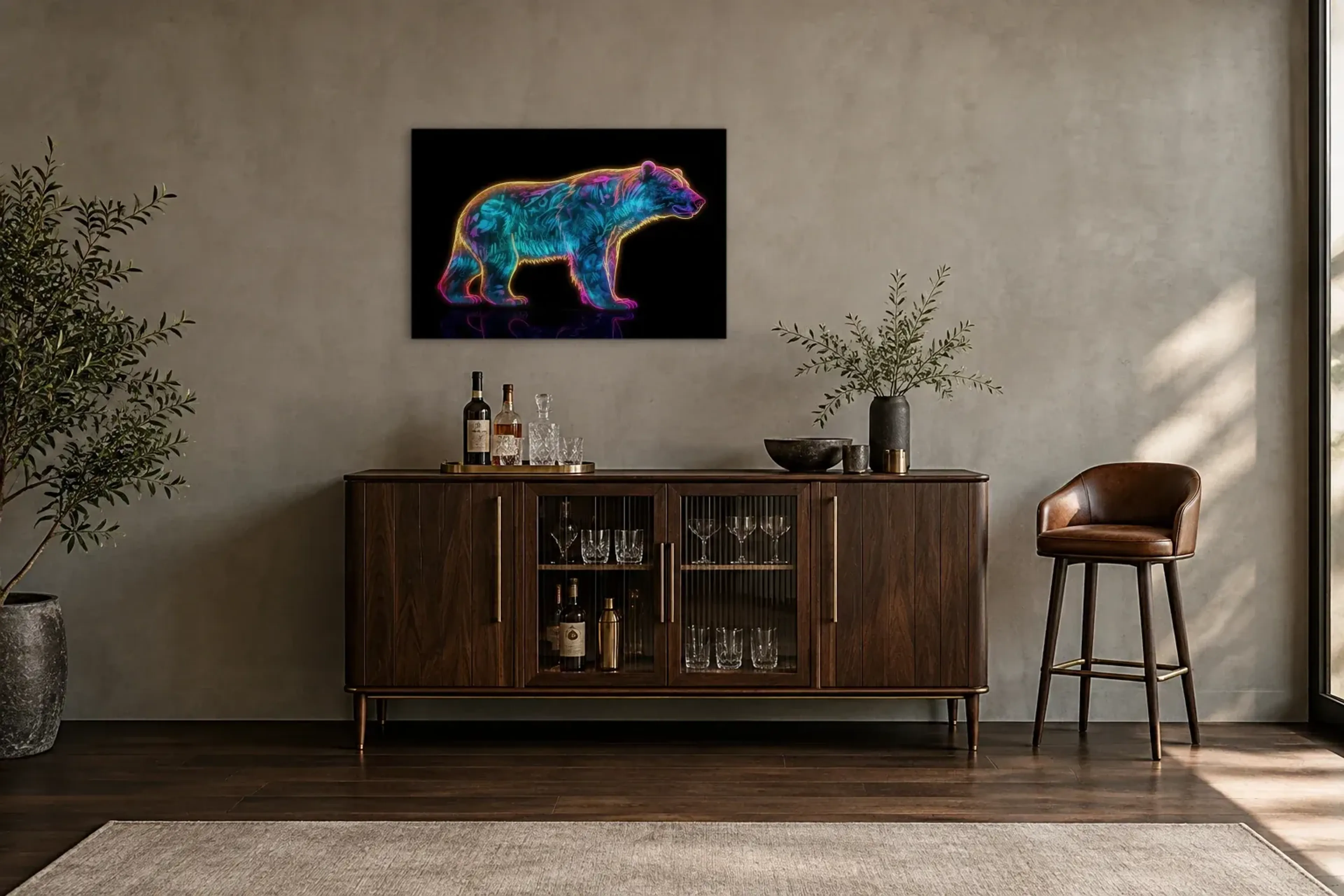 Bär in Neonfarben als Wandbild über einem 150-cm-Barschrank