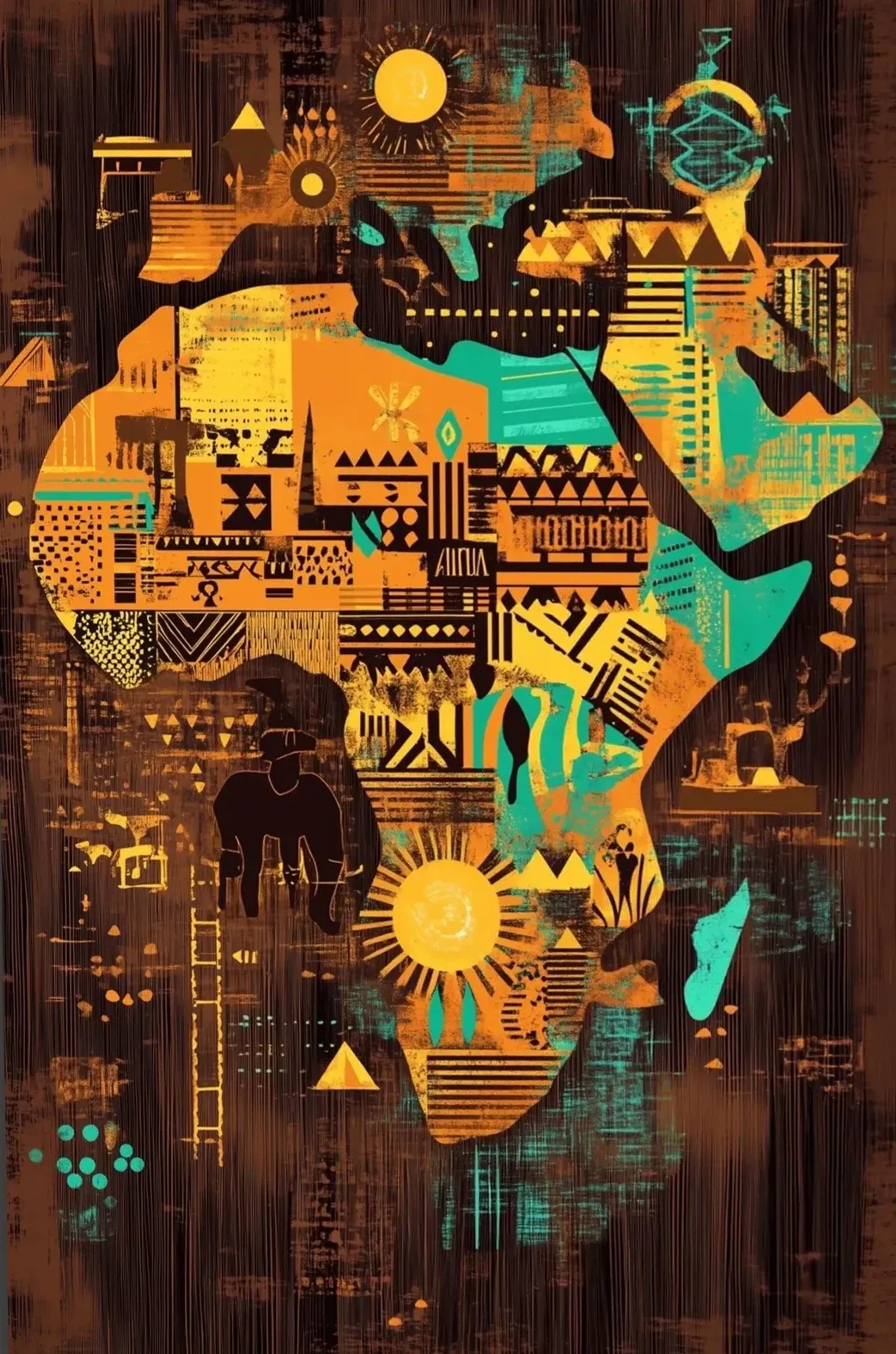 Afrikas Silhouette in Gelb, Orange und Türkis mit geometrischen Mustern, Sonnen und einem Elefanten auf Braun.
