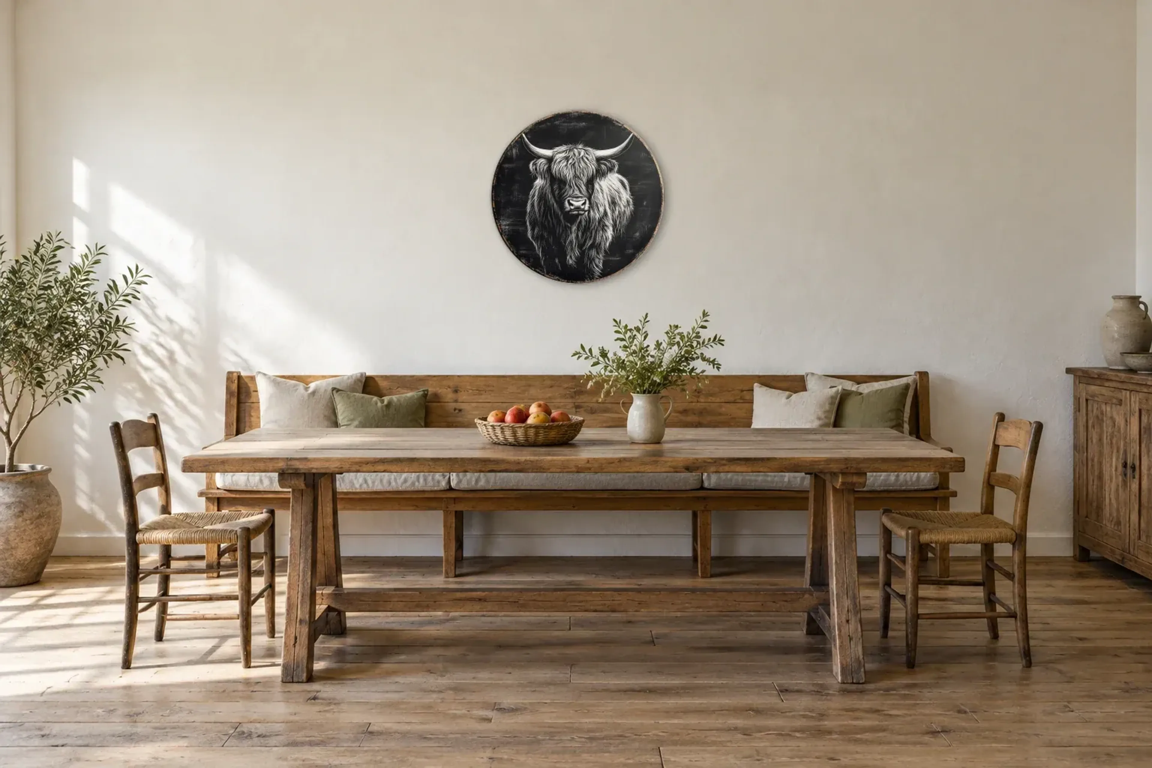 Hochlandrind als Wandbild über einer 200-cm-Sitzbank