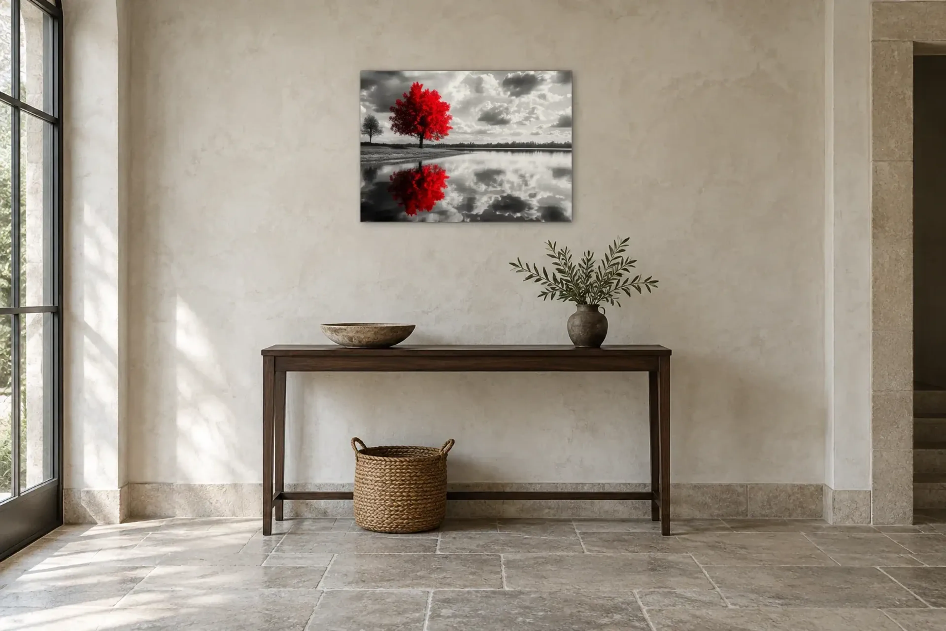 Baumspiegelung als Wandbild über einer 120-cm-Konsole