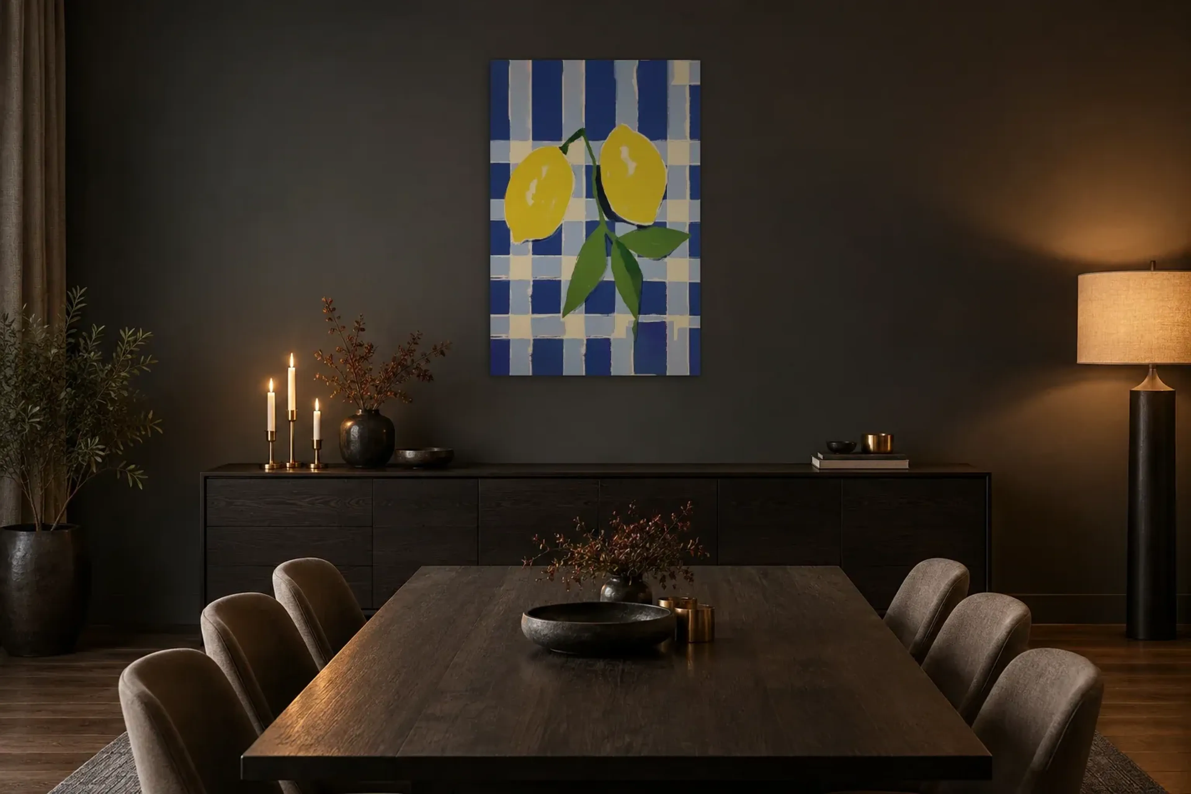 Zitronen auf Blau als Wandbild über einem 180-cm-Sideboard