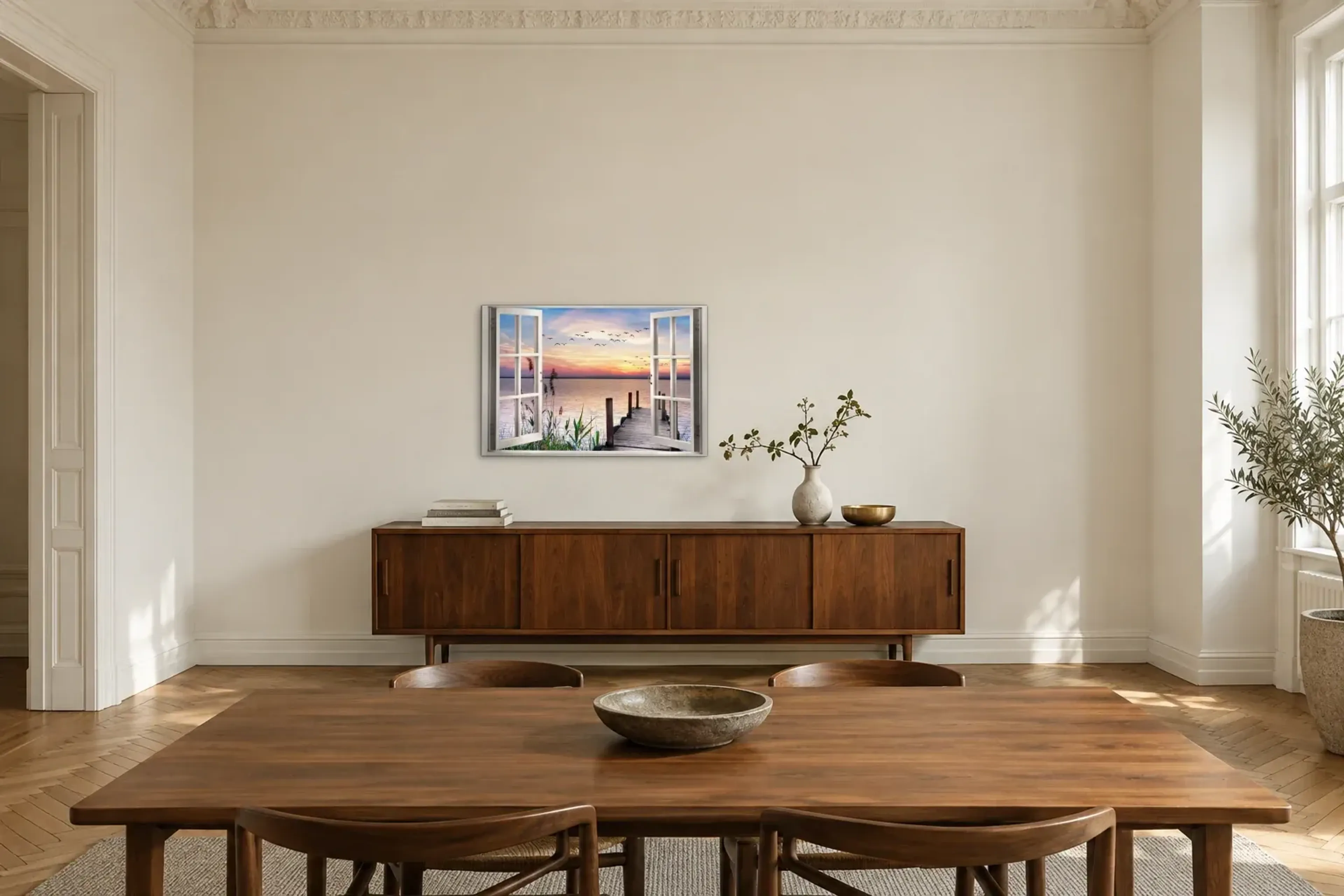 Schilf am See als Wandbild über einem 200-cm-Sideboard