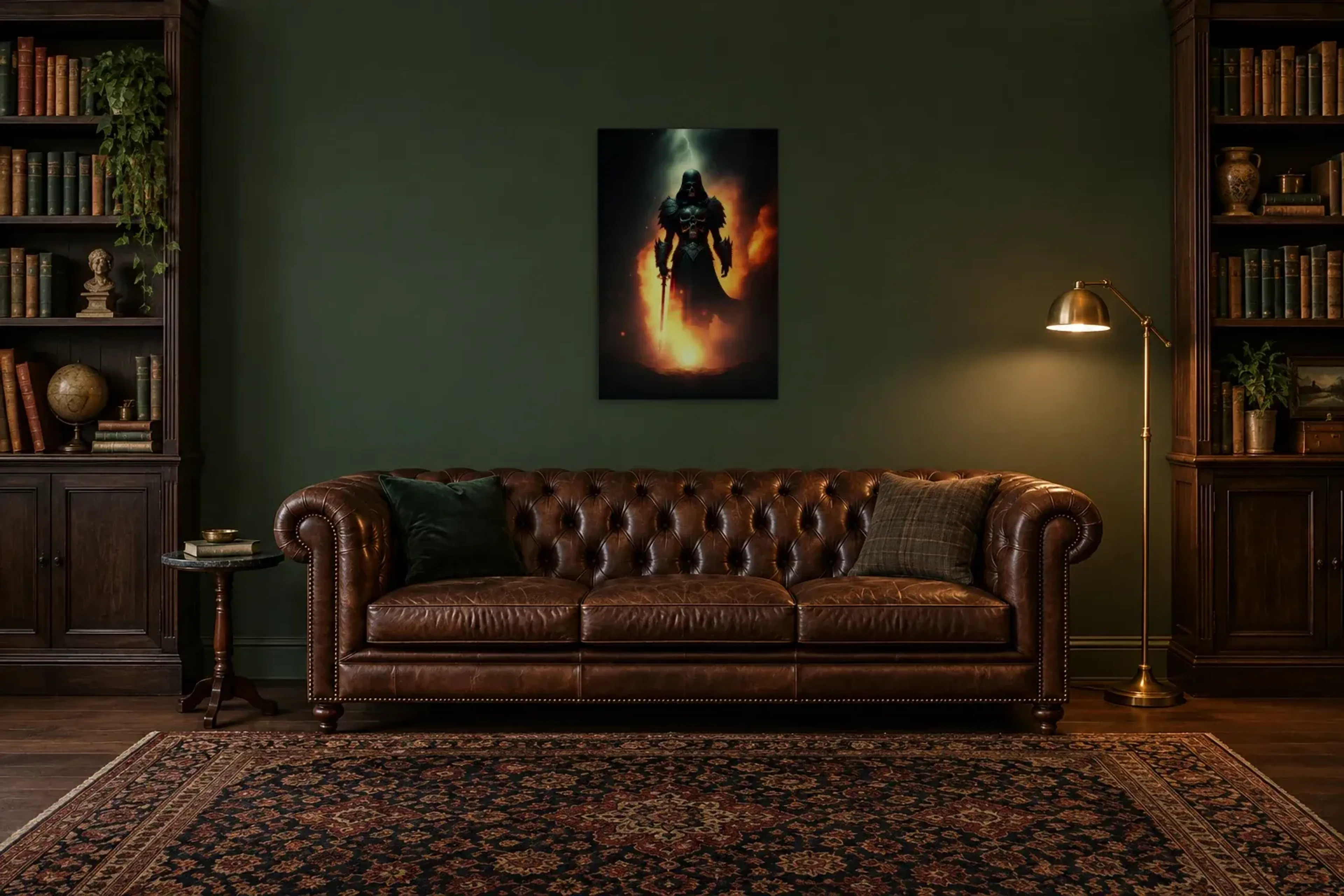 Schwarzer Ritter in Flammen als Wandbild über einem 200-cm-Chesterfield-Sofa