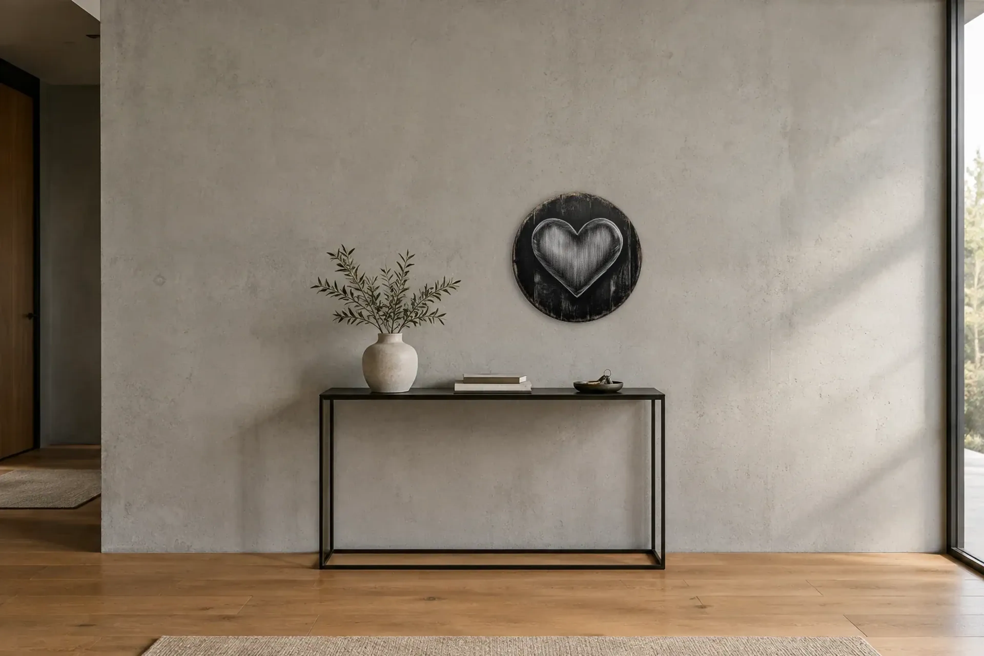 Herz als Wandbild über einer 120-cm-Konsole