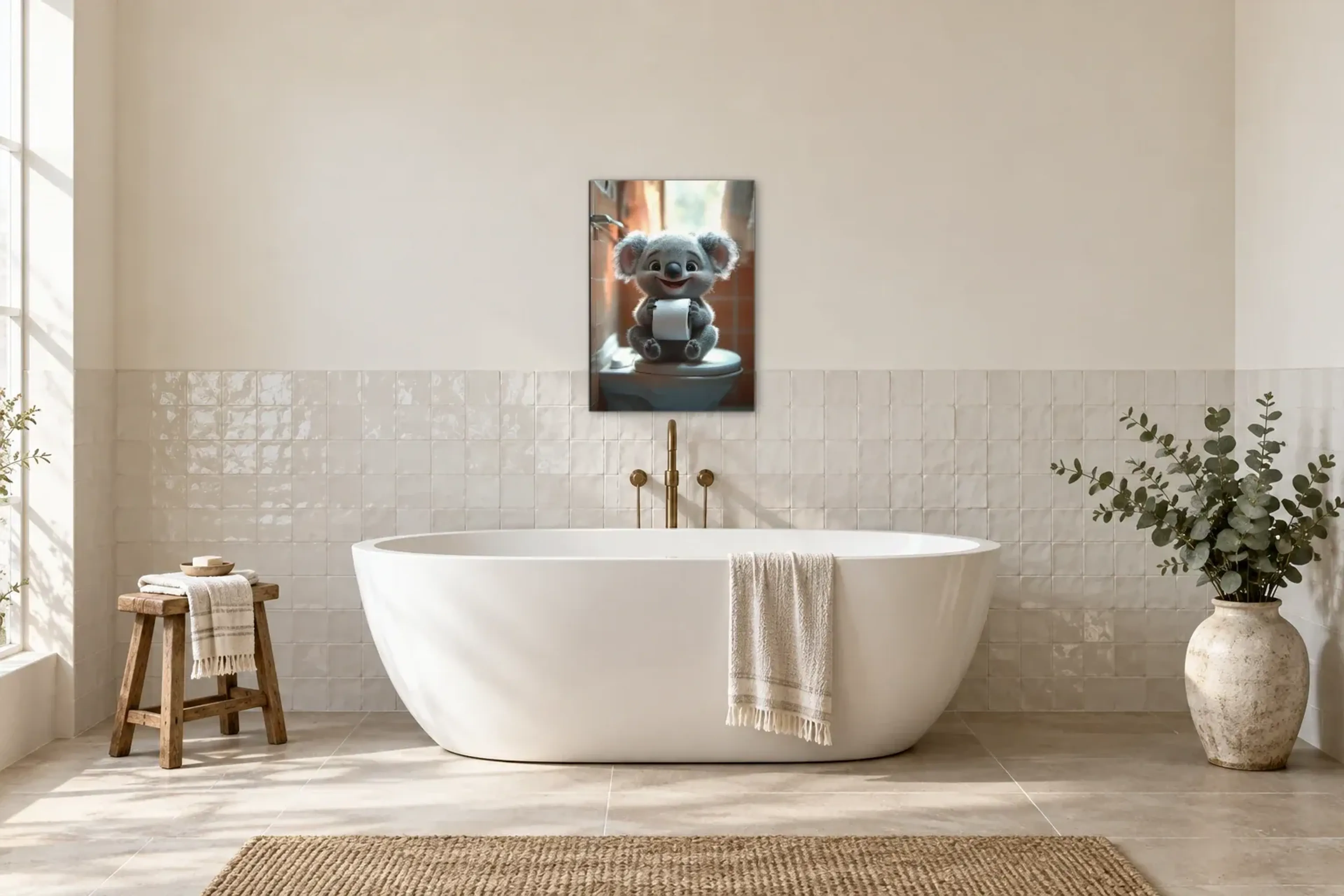 Koala im Fensterlicht als Wandbild über einer 170-cm-Badewanne