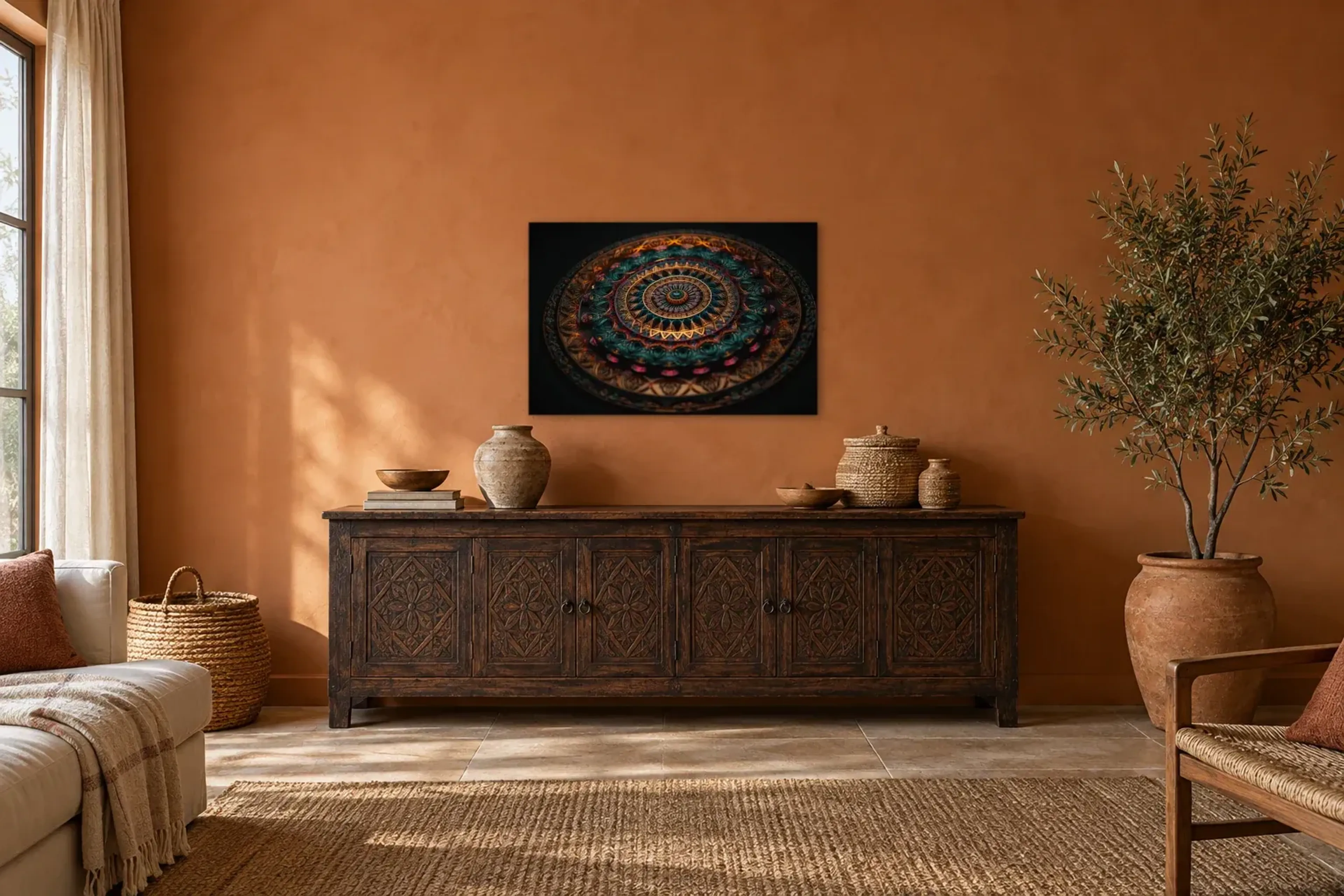 Mandala in Türkis als Wandbild über einem 180-cm-Sideboard