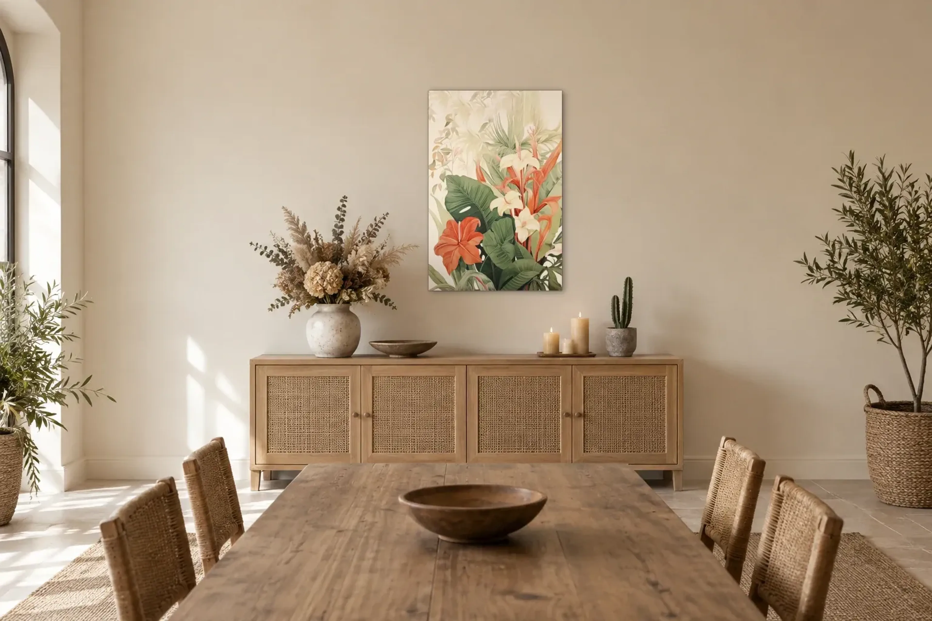 Tropische Blüten und Blätter als Wandbild über einem 160-cm-Sideboard