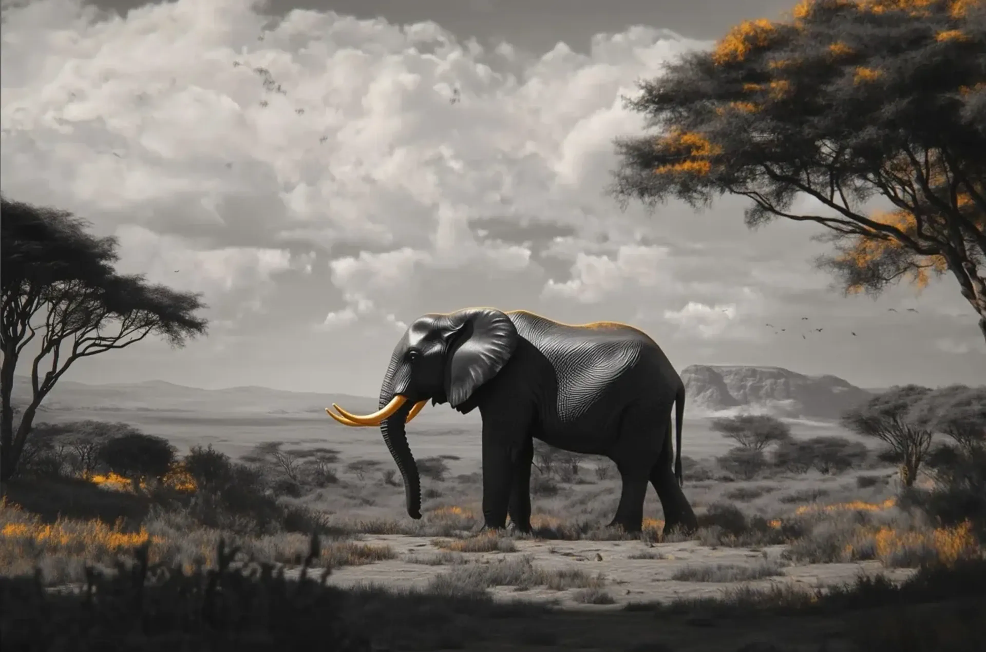 Ein dunkler Elefant mit goldfarbenen Stoßzähnen steht in einer grauen Savanne mit goldgelben Akzenten.
