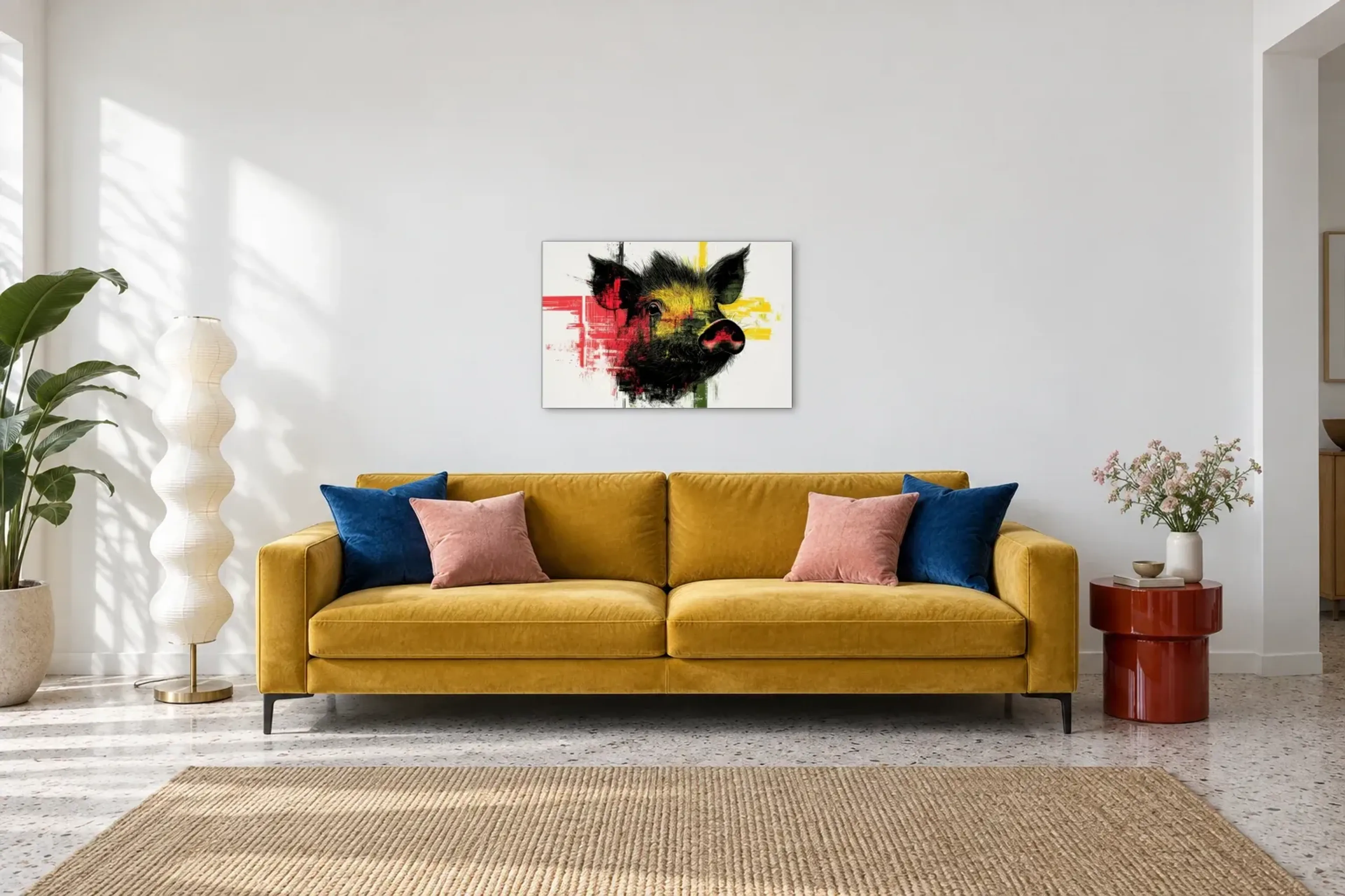 Wildschwein auf hellem Grund als Wandbild über einem 220-cm-Sofa
