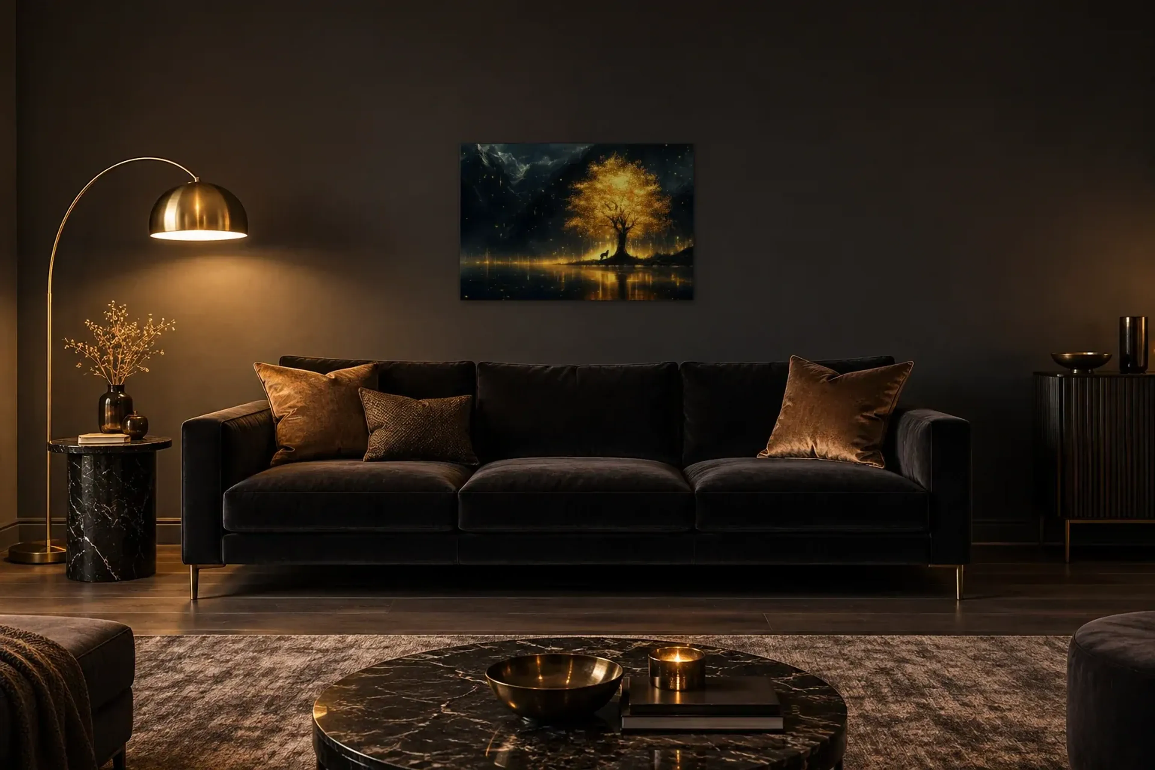 Wolfsbaum als Wandbild über einem 220-cm-Sofa