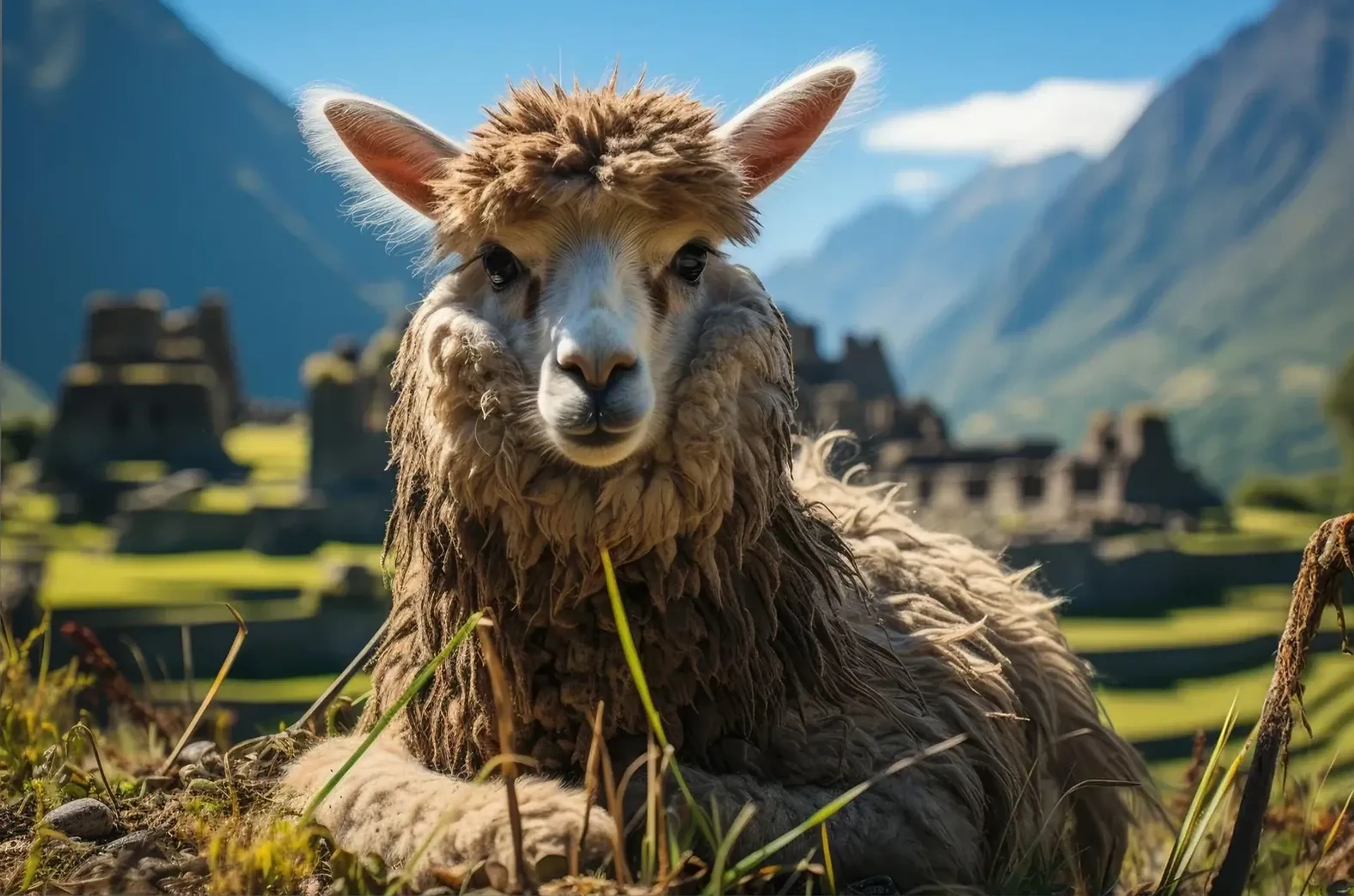 Ein wolliges Lama liegt im Gras vor alten Steinmauern und hohen Bergen unter blauem Himmel.