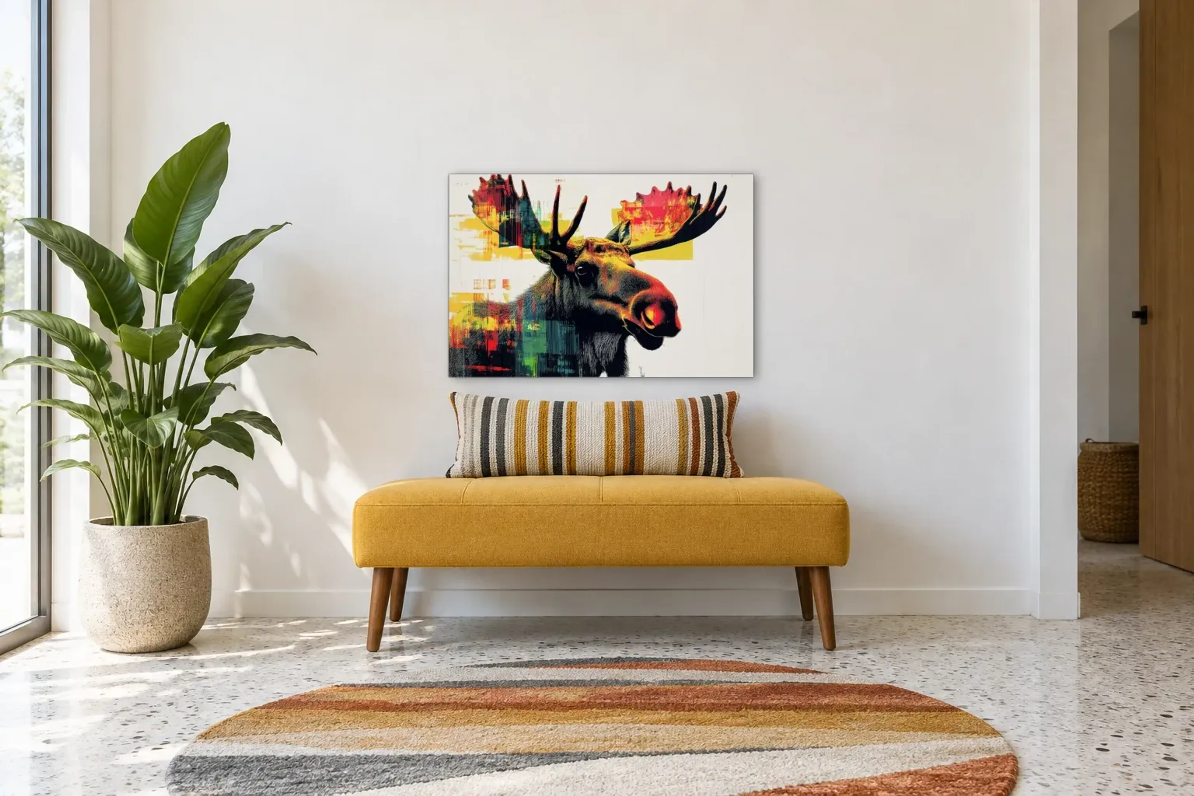 Elch auf hellem Grund als Wandbild über einer 120-cm-Bank