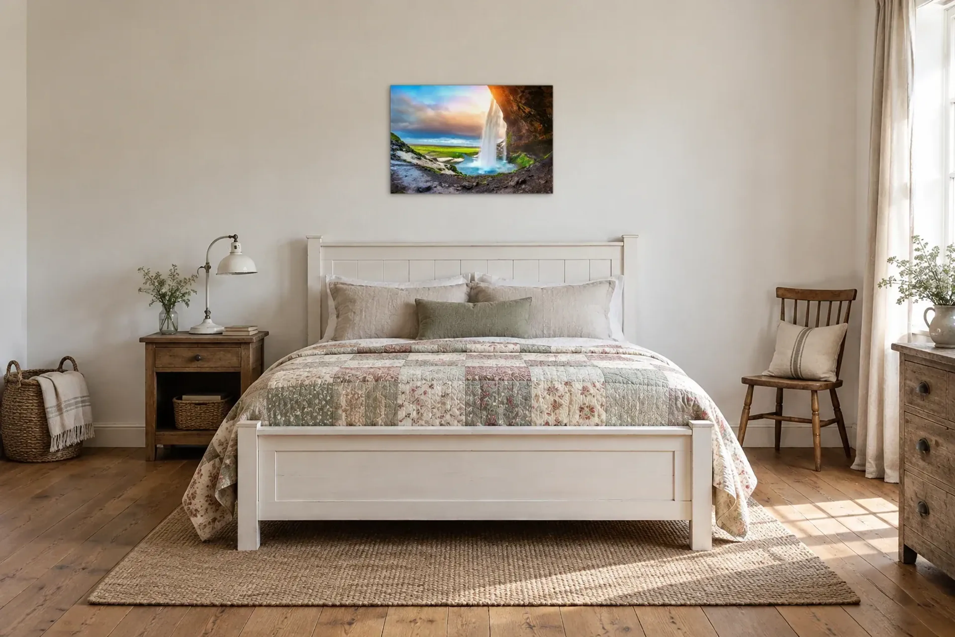 Hinter dem Wasserfall als Wandbild über einem 160-cm-Bett
