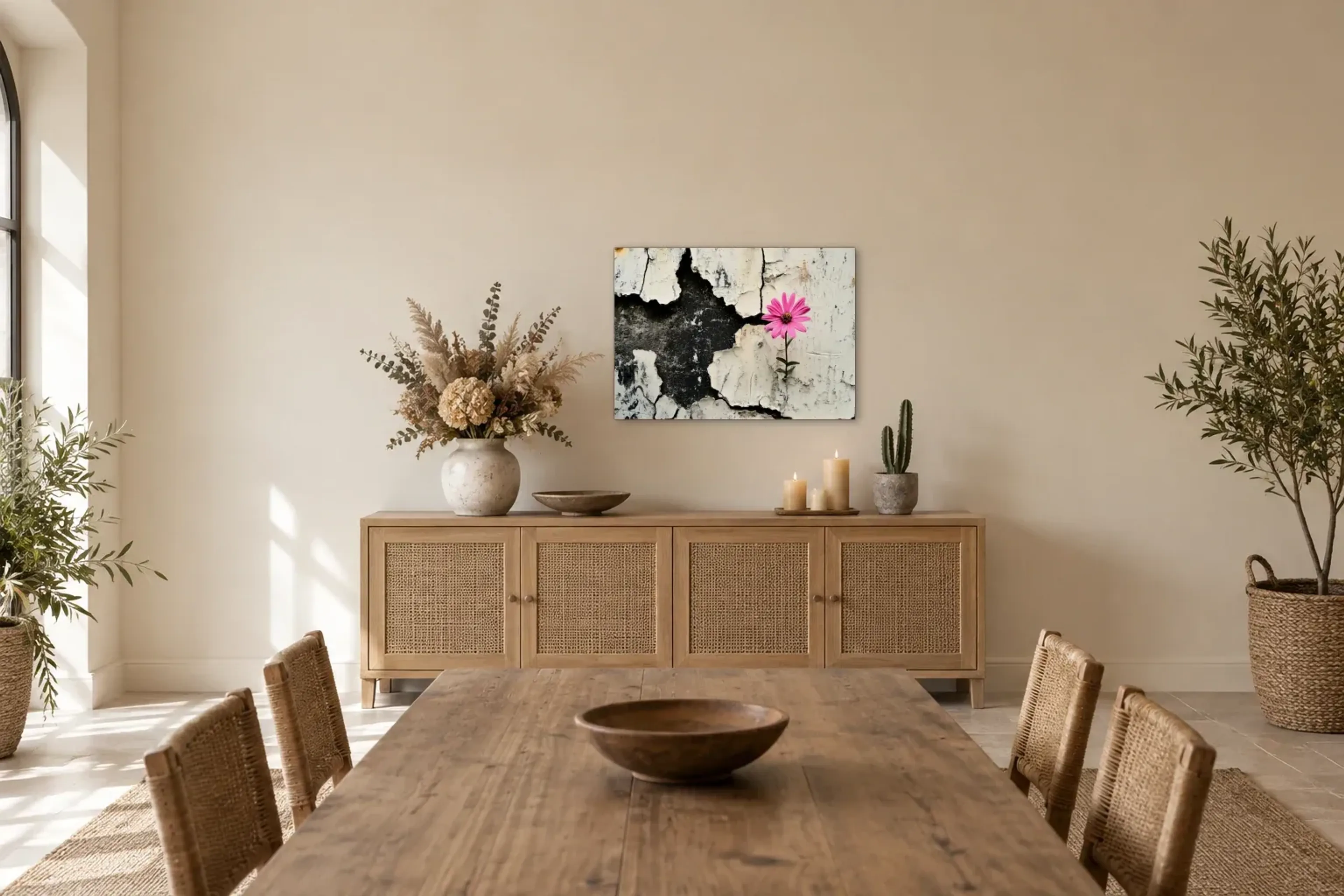 Blüte in der Mauer als Wandbild über einem 160-cm-Sideboard