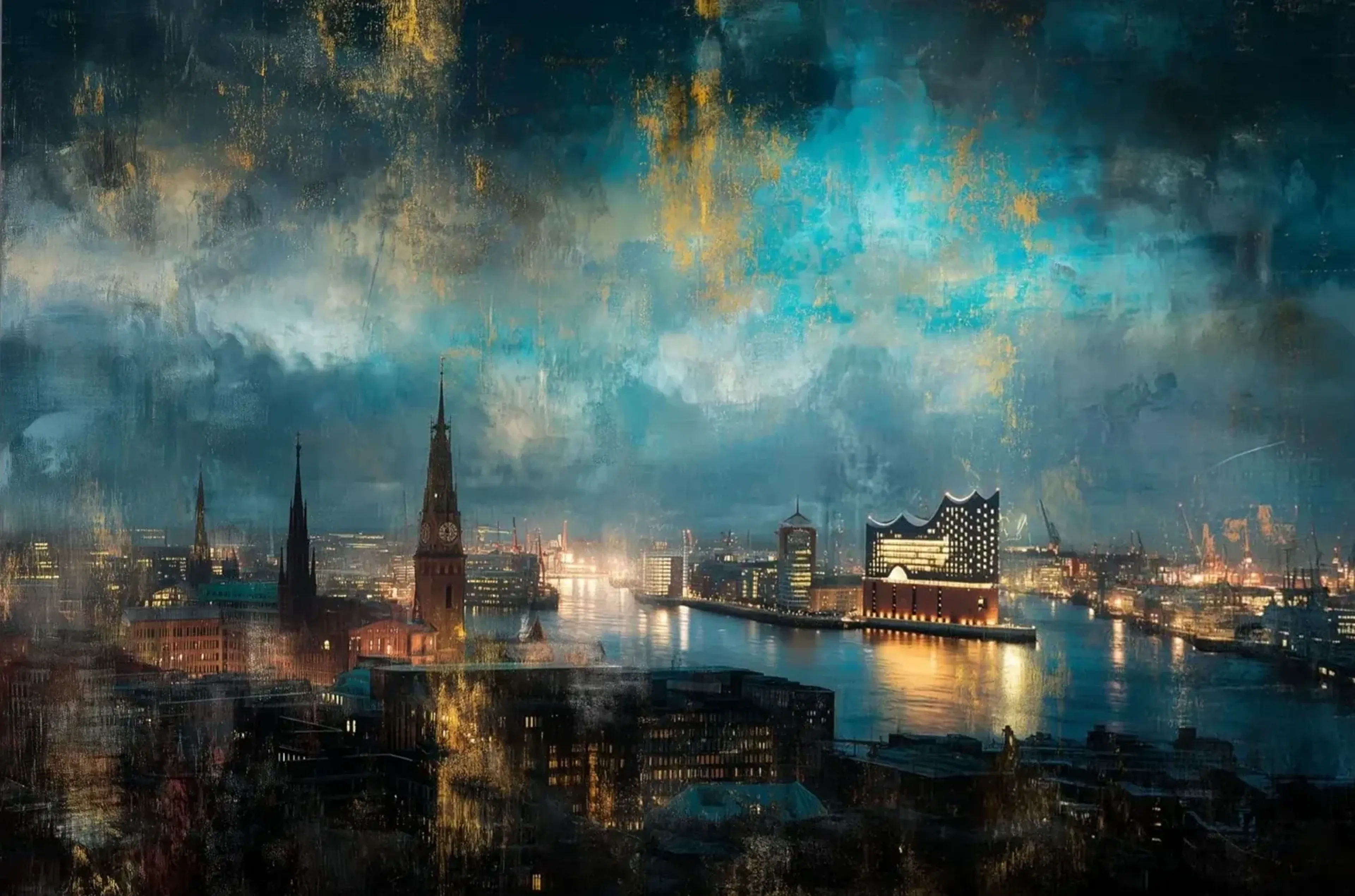 Hamburg unter weitem Himmel – Motiv als Wandbild auf Holz