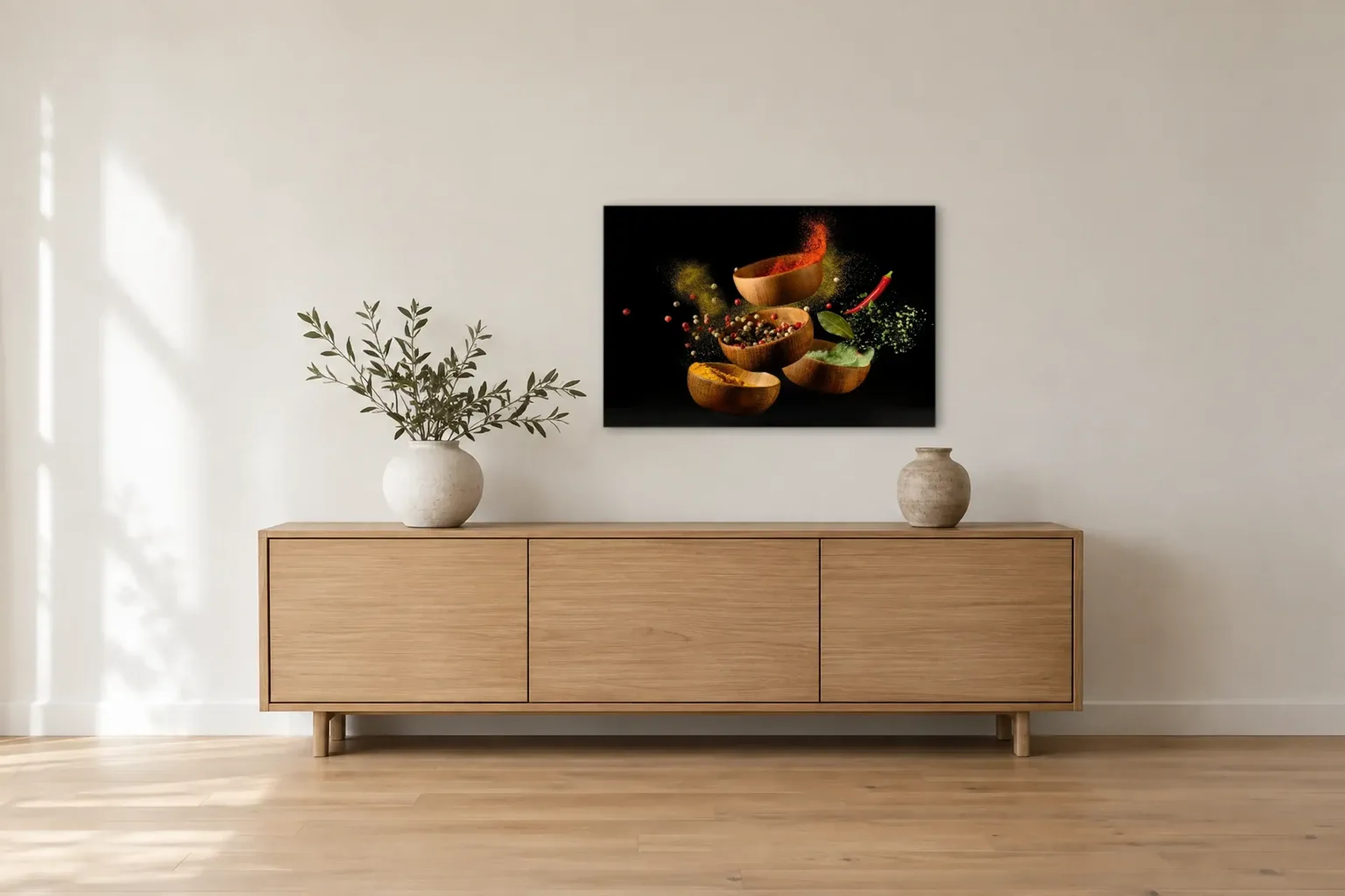 Schwebende Gewürze als Wandbild über einem 180-cm-Sideboard