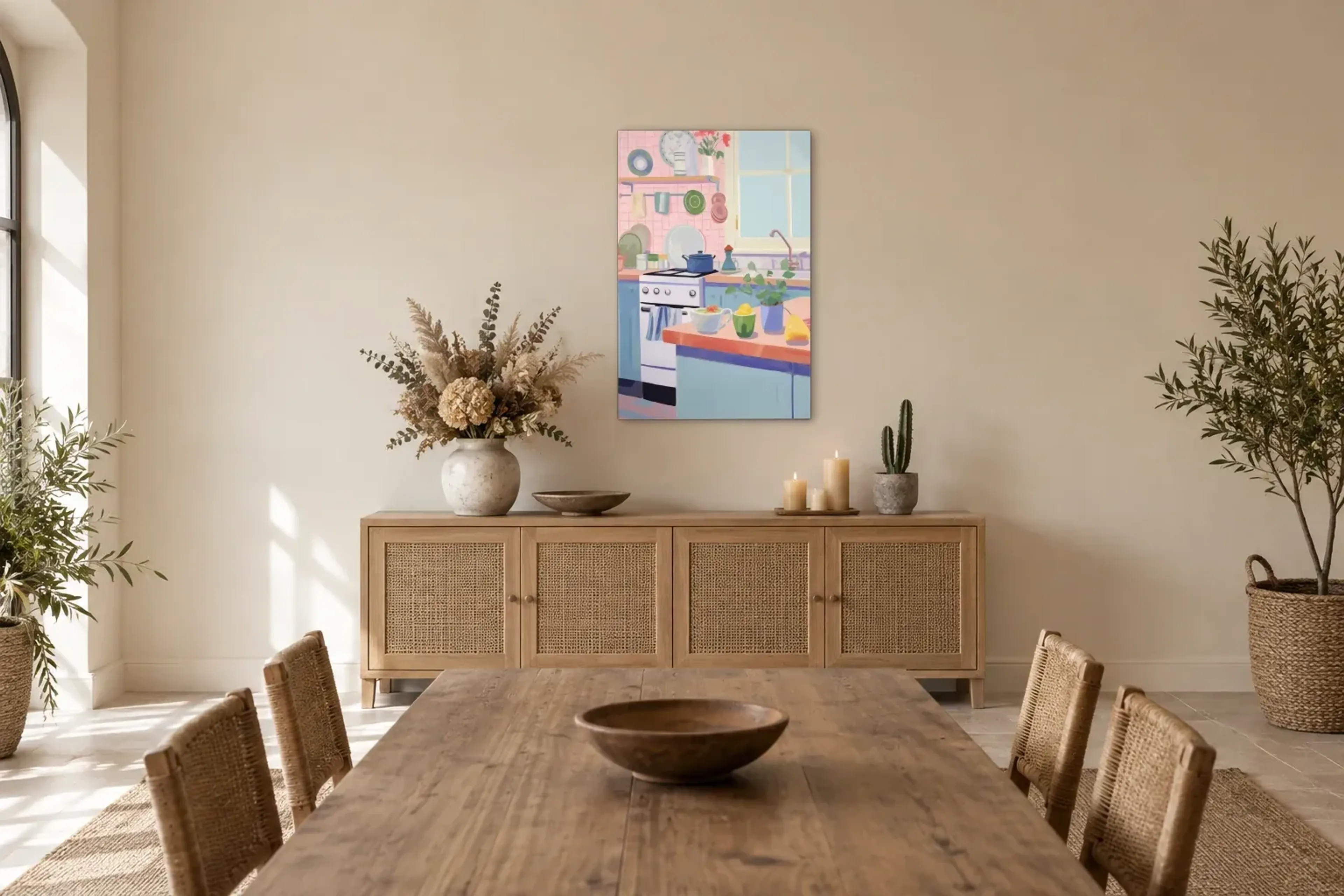 Sonnige Küche mit Zitronen als Wandbild über einem 160-cm-Sideboard