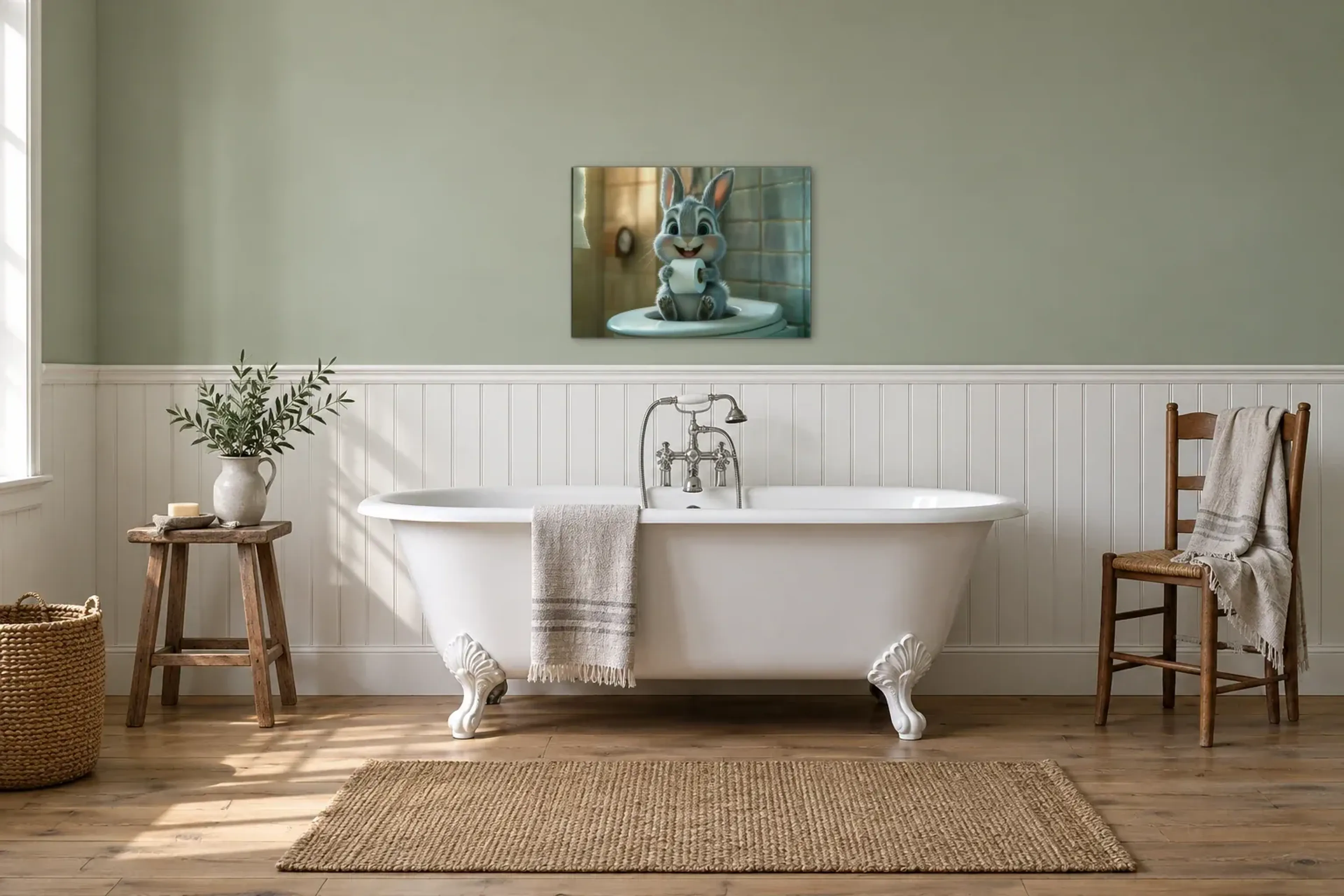 Hase vor blauen Fliesen als Wandbild über einer 170-cm-Badewanne