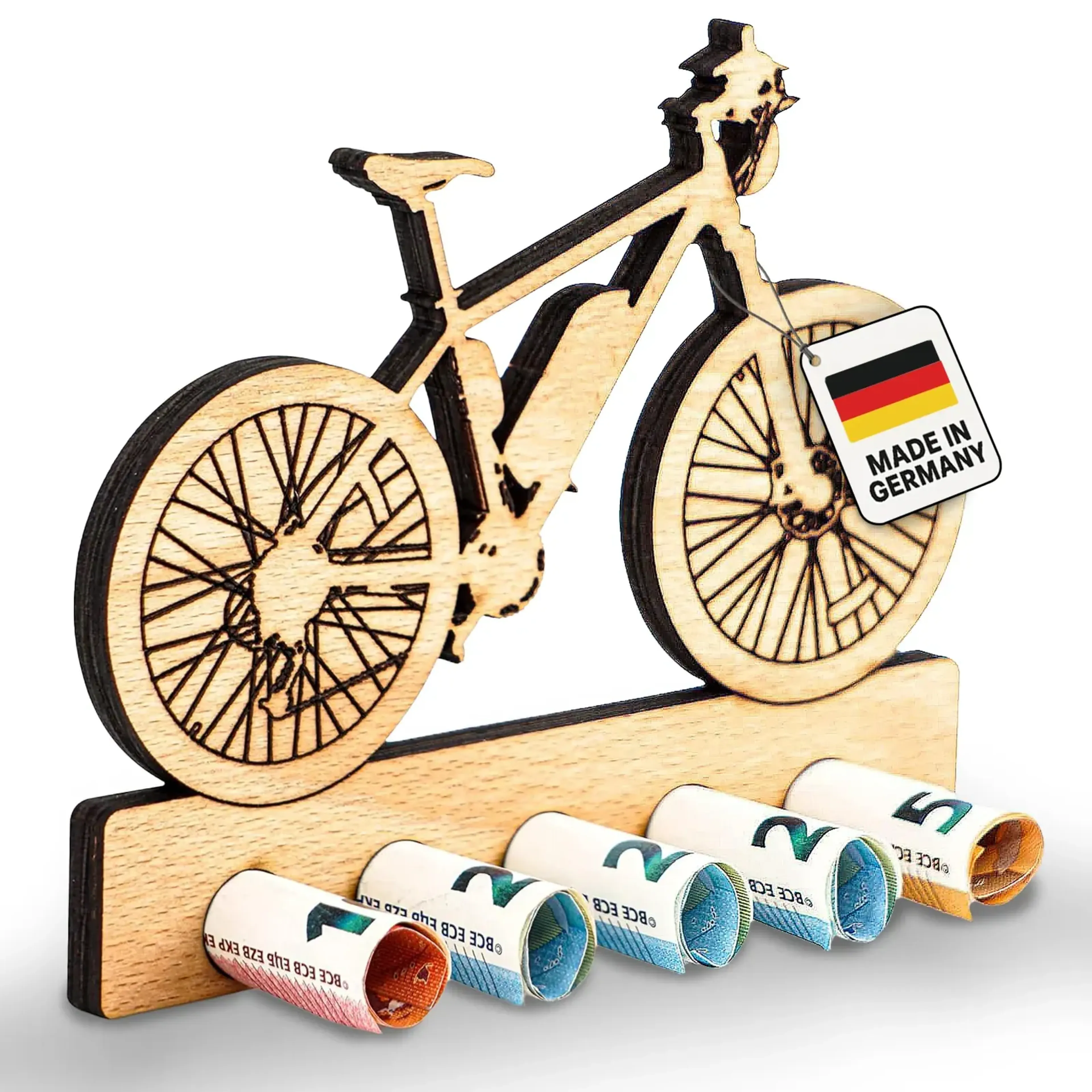 E-Bike aus hellem Holz mit dunklen Konturen und gerollten Geldscheinen in der unteren Leiste.