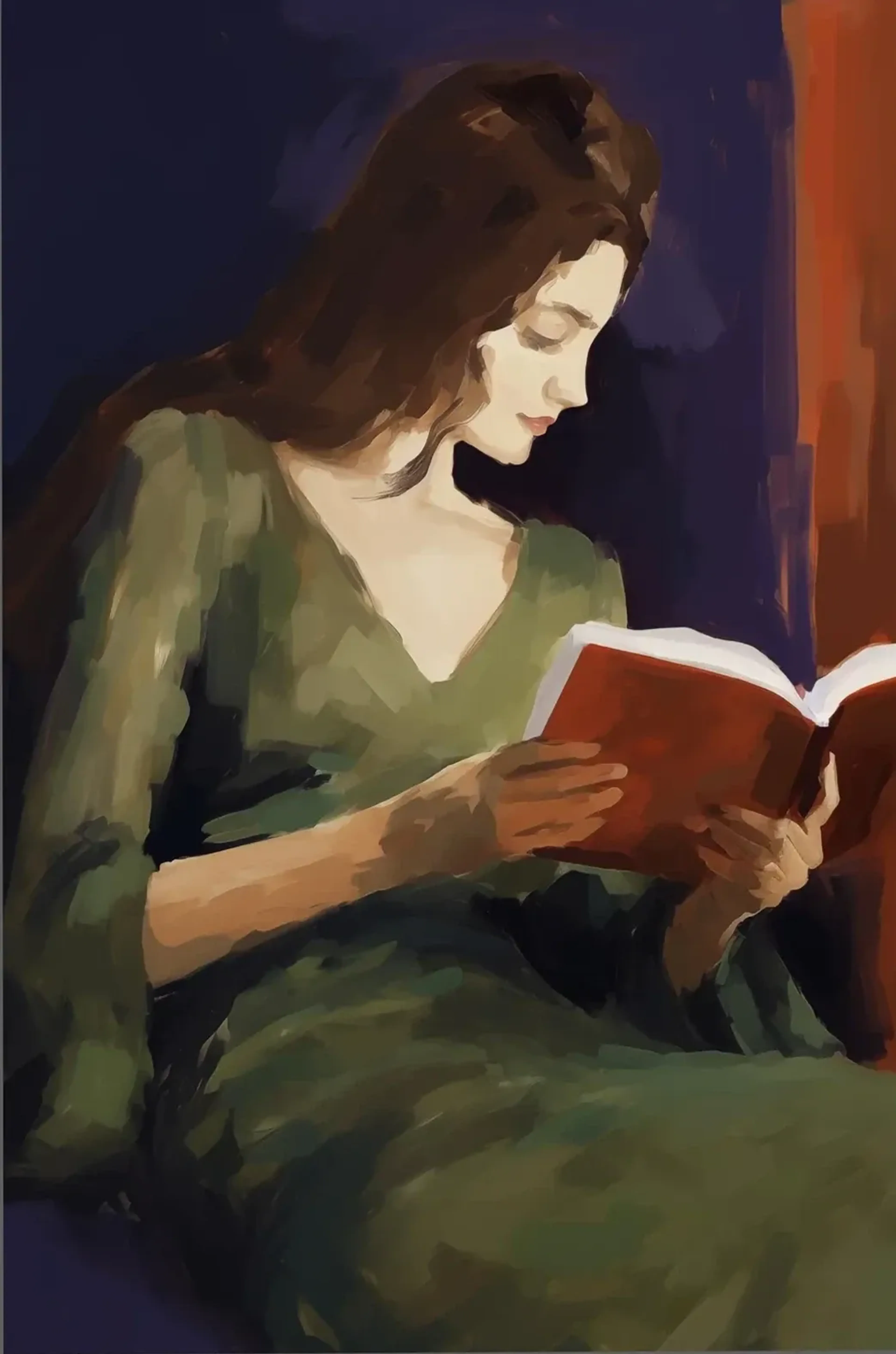 Eine braunhaarige Frau im grünen Kleid liest ein rotes Buch vor einem dunkelblauen Hintergrund.