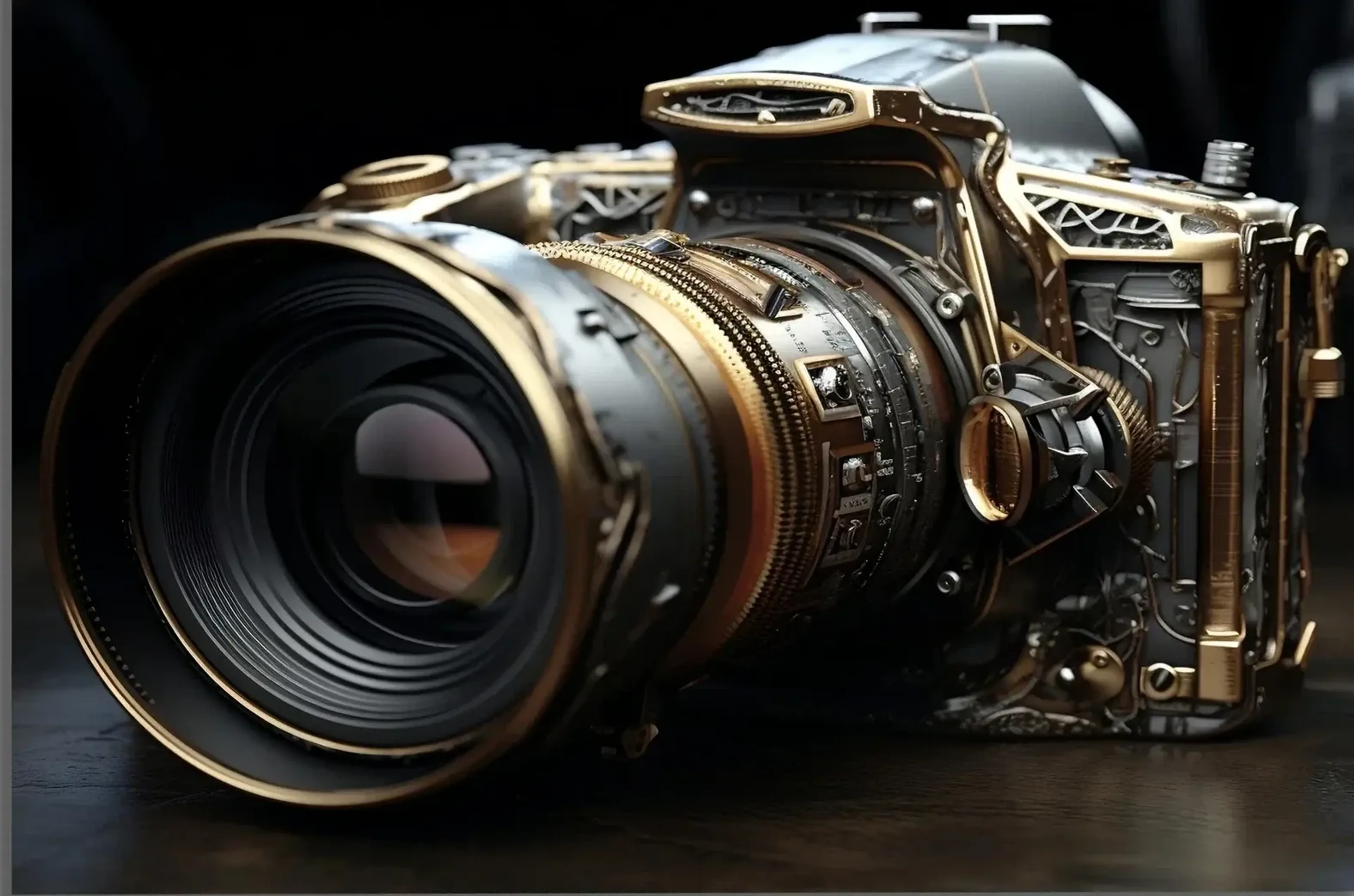Eine Kamera im Steampunk-Stil mit großem Objektiv und gold- sowie silberfarbenen Verzierungen.