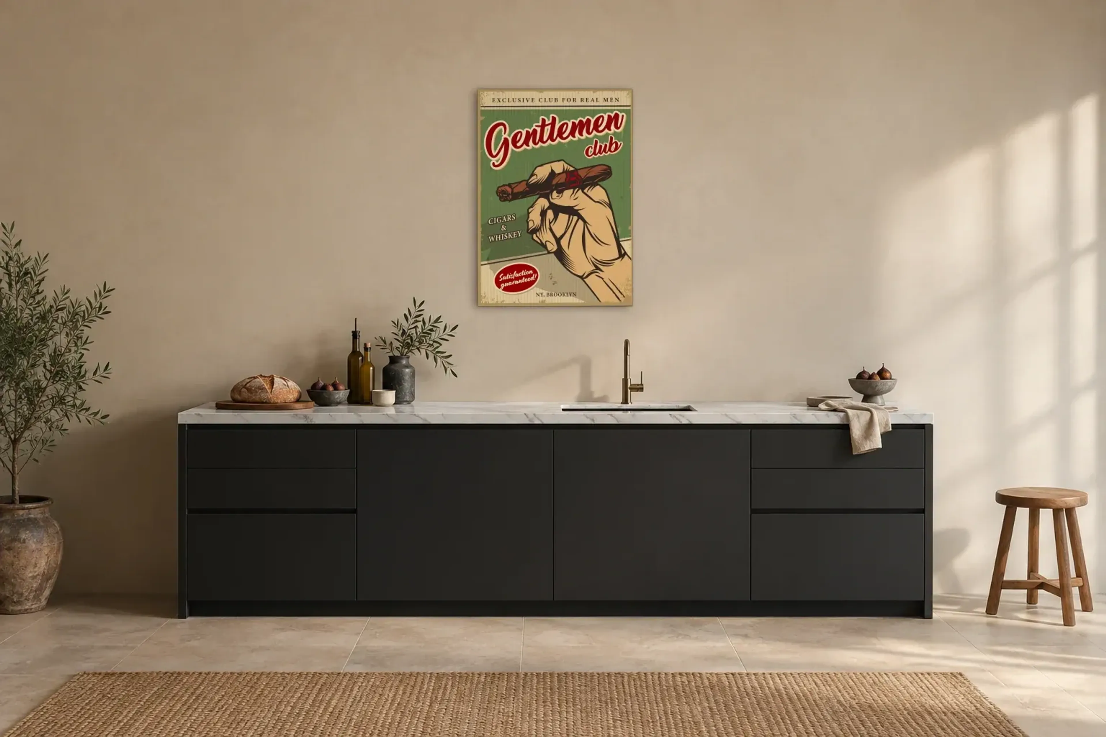 Gentlemen Club Zigarre als Wandbild über einer 200-cm-Arbeitsplatte
