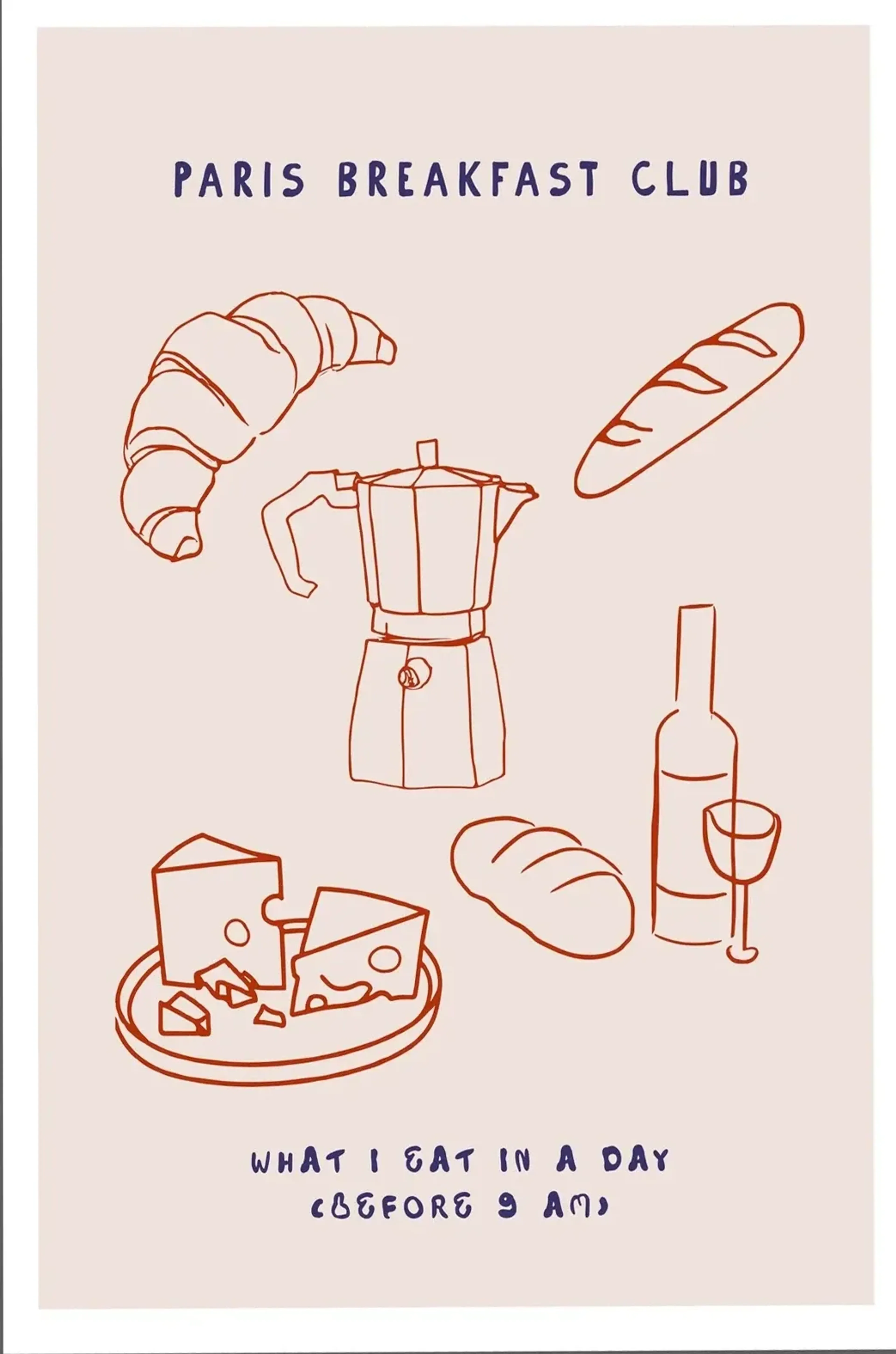 Rostrote Zeichnungen von Gebäck, Käse, Espressokanne, Flasche und Glas auf Rosé unter „Paris Breakfast Club“.