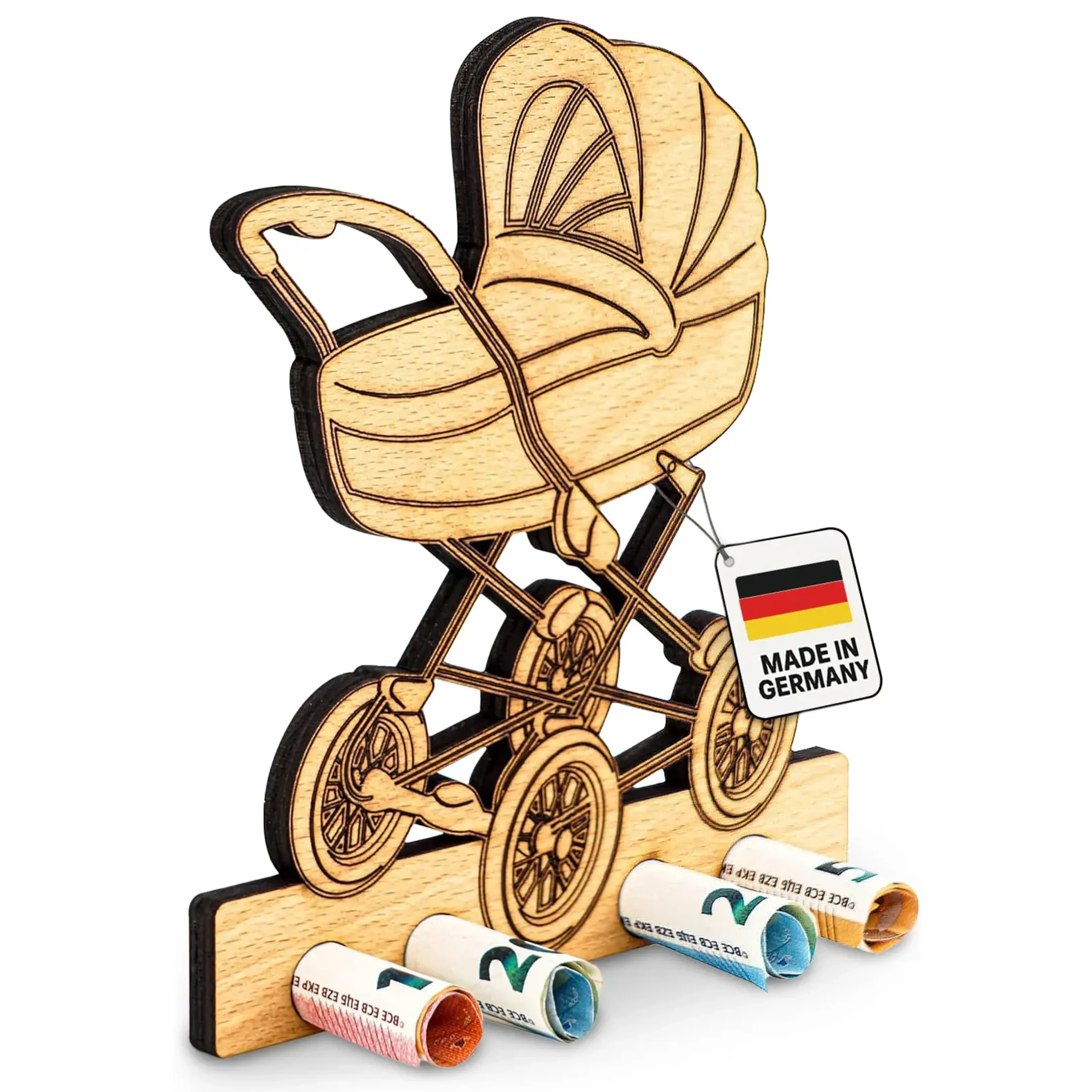 Nostalgischer Kinderwagen aus hellem Holz mit großem Verdeck und gerollten Geldscheinen in der unteren Leiste.