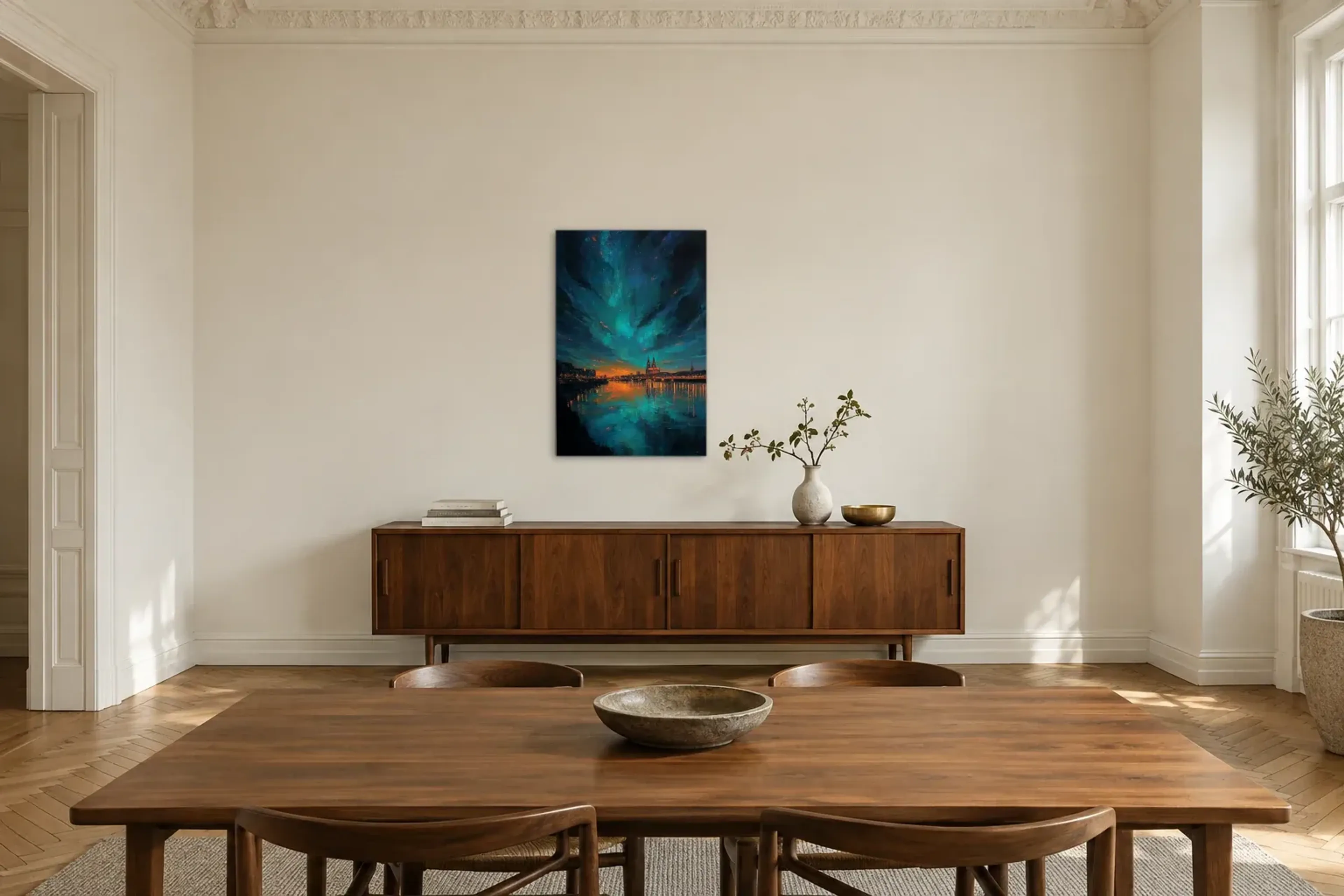 Köln im türkisblauen Abendlicht als Wandbild über einem 200-cm-Sideboard