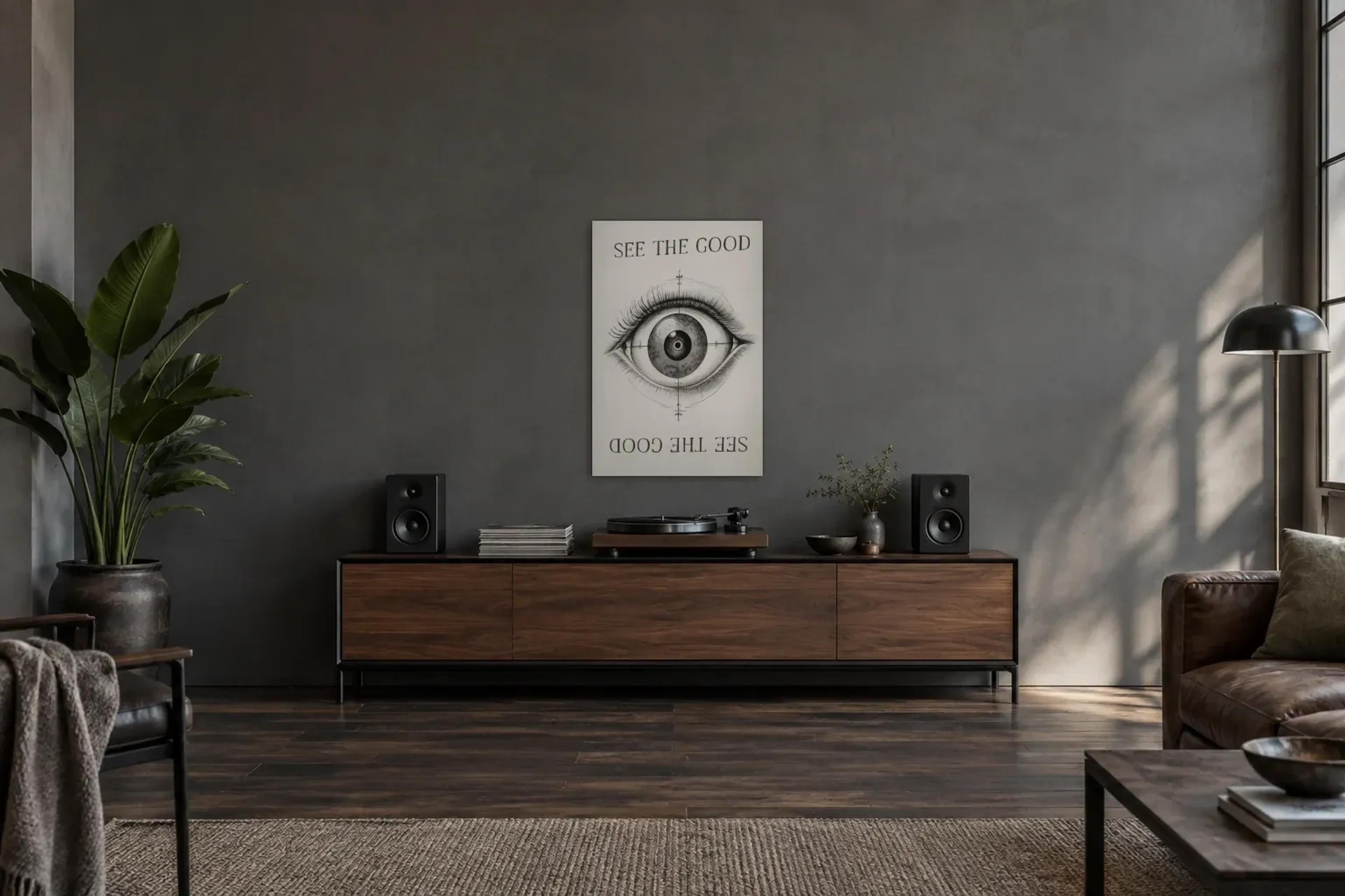 Auge See the good als Wandbild über einem 200-cm-Sideboard